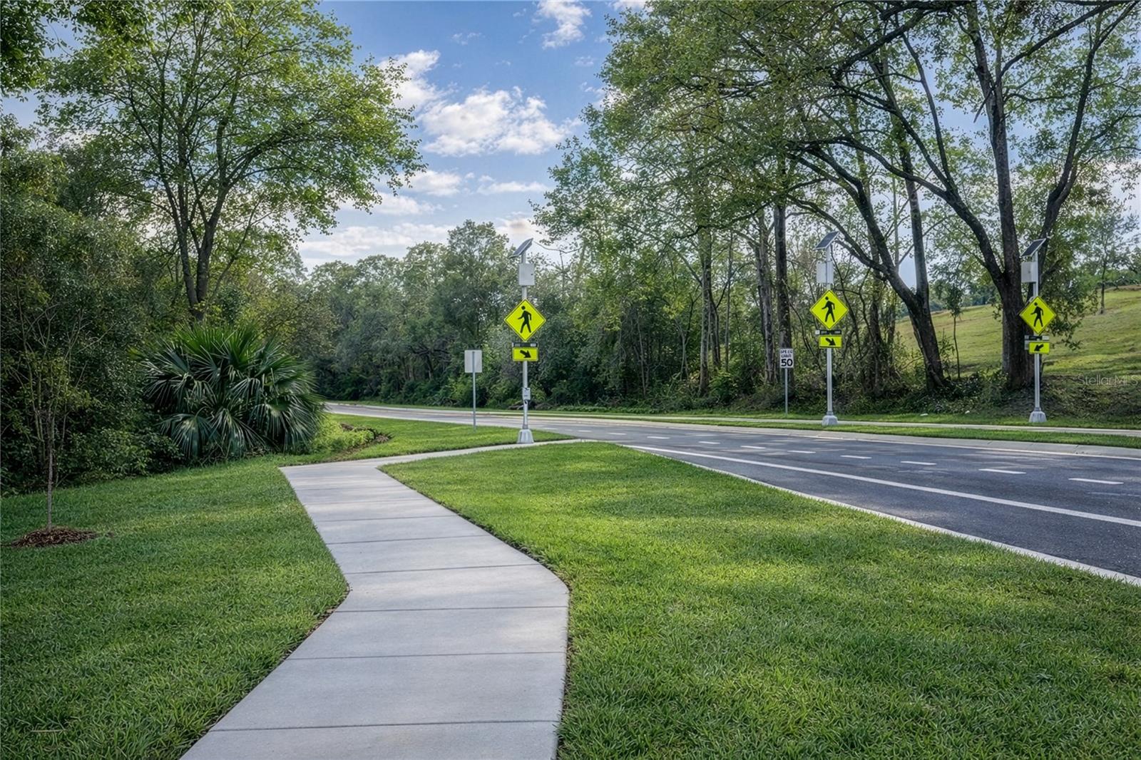 A paved sidewalk winding along a grassy roadside with pedestrian crossing signs and tall trees in the background under a blue sky.
