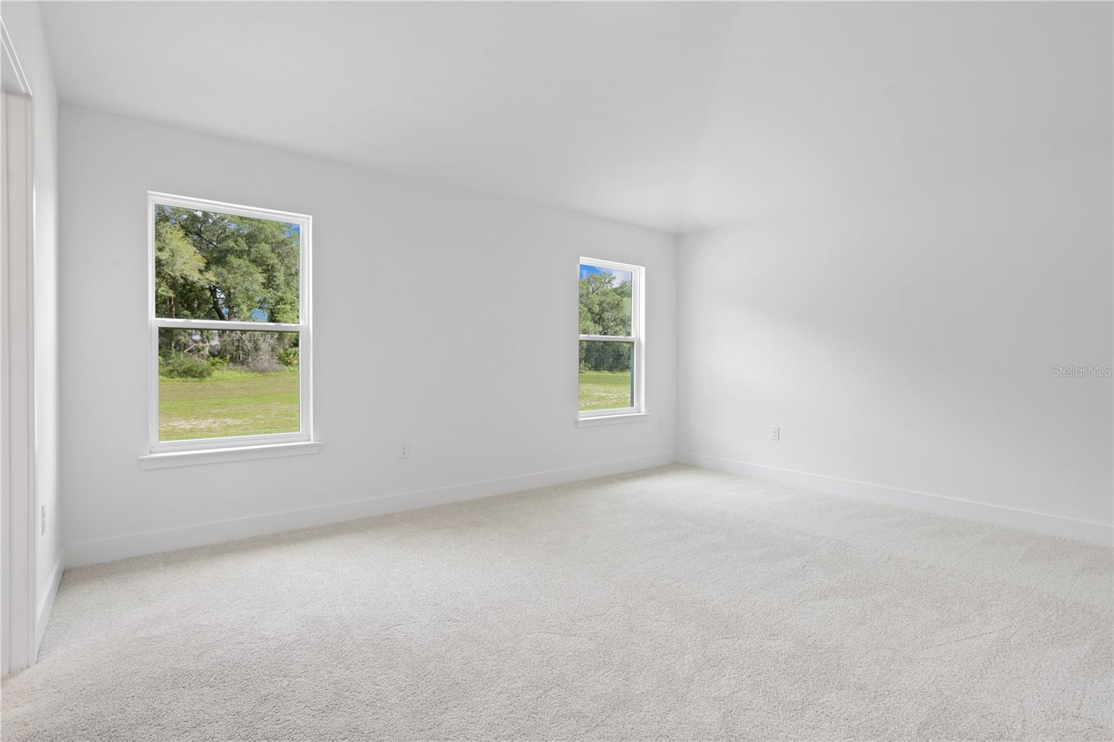 An empty bedroom with white walls, beige carpeting, and two windows showing a green outdoor view.