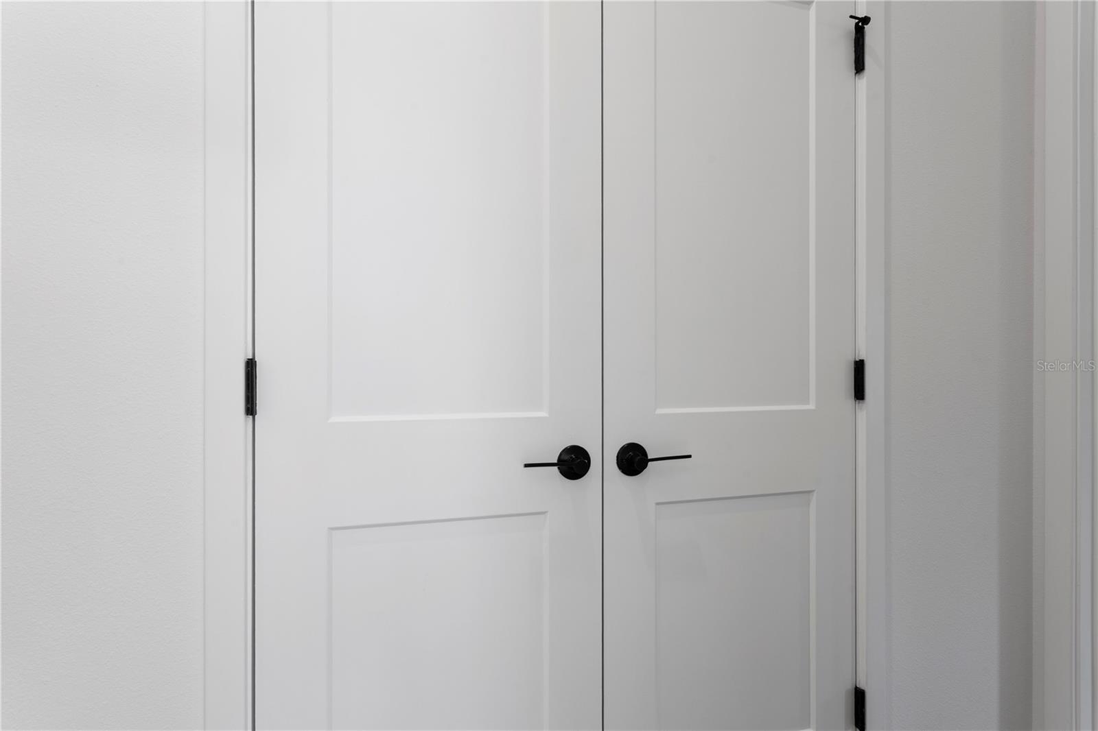 Close-up view of white double doors with black hardware