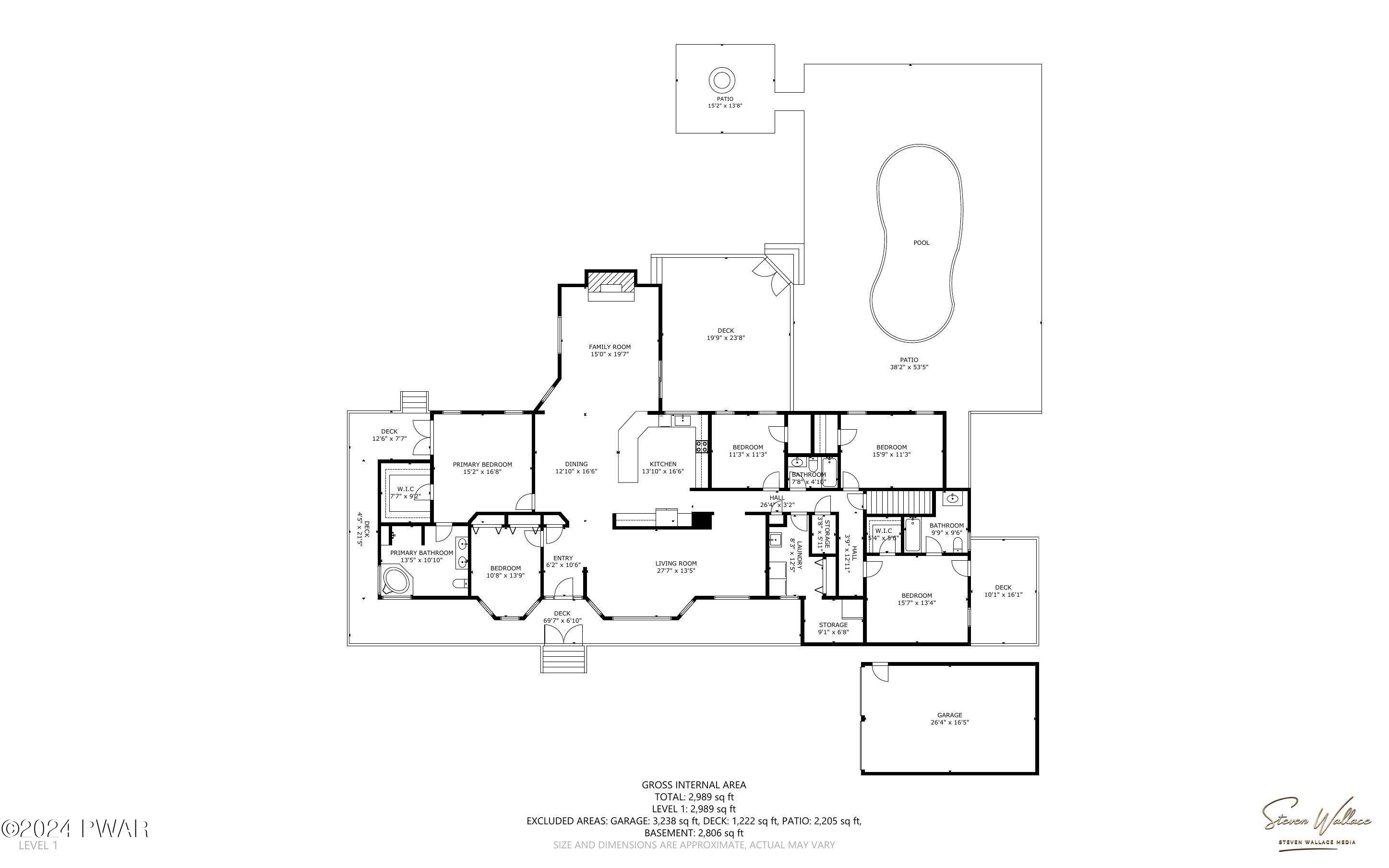 Black-and-white floor plan of a home’s main level showing multiple bedrooms, bathrooms, living room, dining room, kitchen, family room, several decks, a patio with pool, and a detached garage.