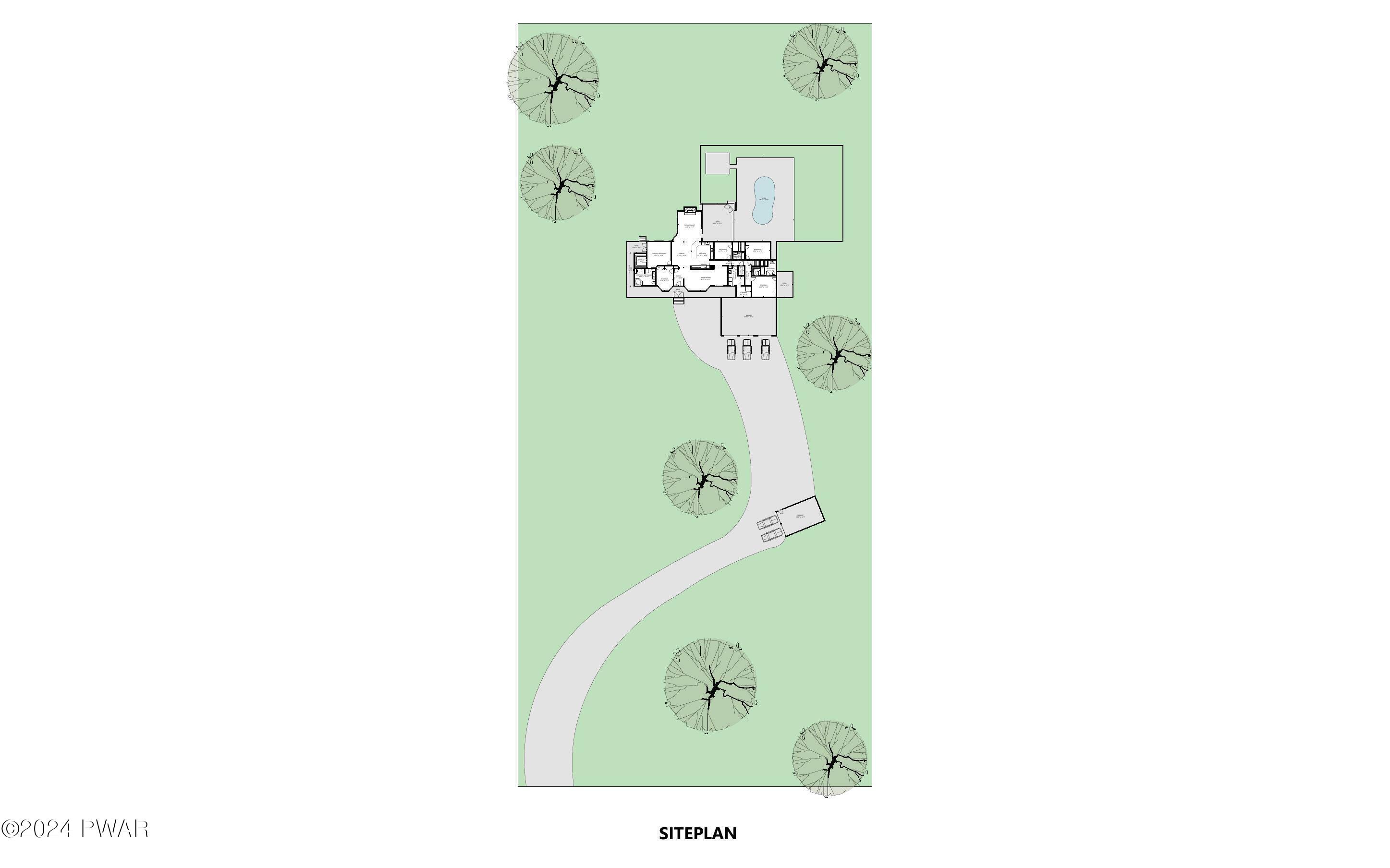 Site plan of a property showing the house layout, curved driveway, garage, pool area, and surrounding trees on a green lot.