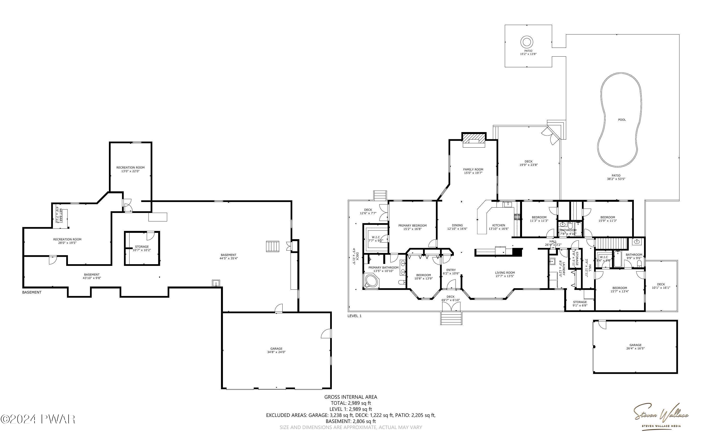 A real estate floor plan showing the main level and basement layout, including bedrooms, living room, kitchen, family room, recreation rooms, garage, decks, patio, and pool.