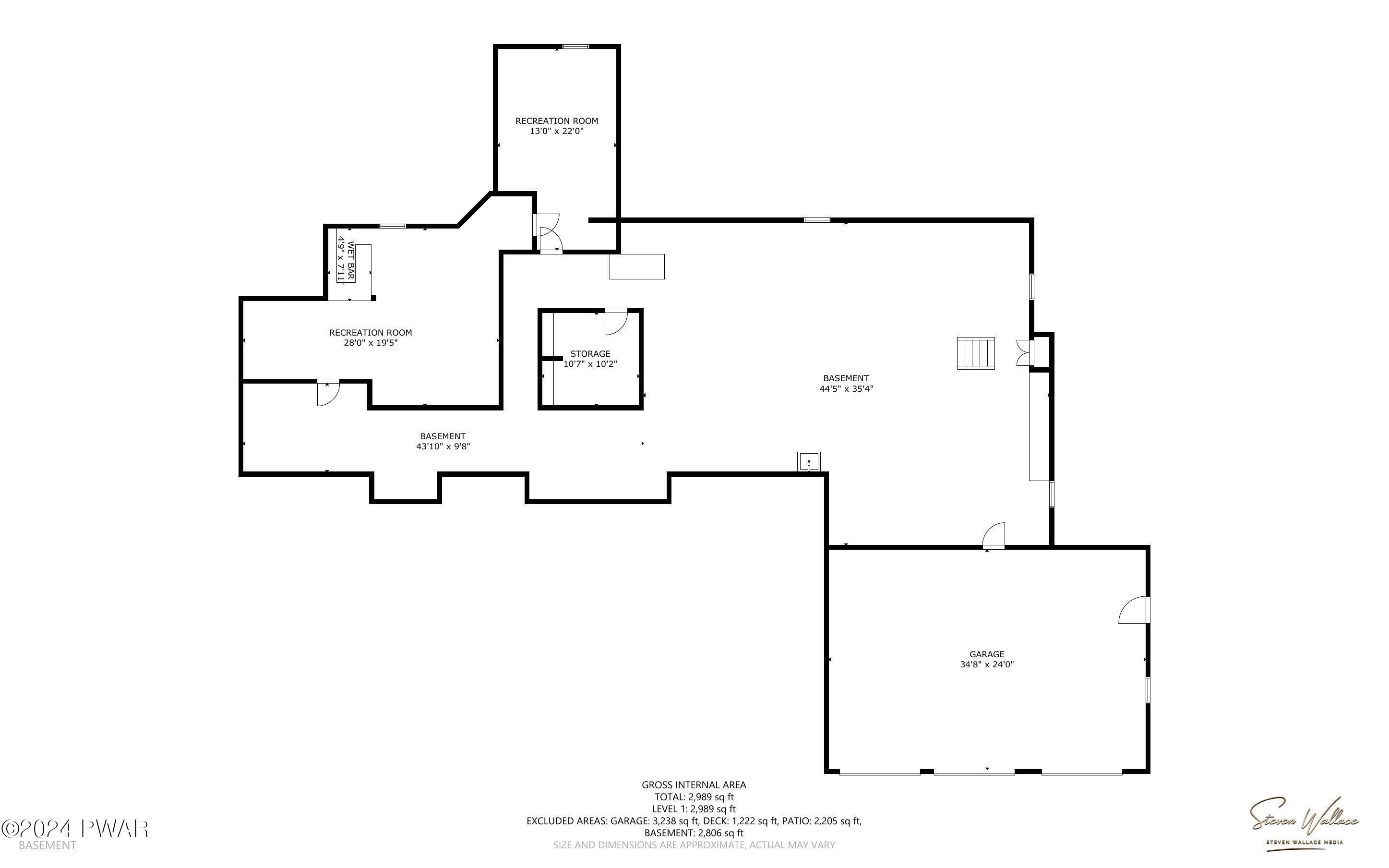 Black-and-white basement floor plan showing two recreation rooms, a wet bar, storage, a large basement area, and an attached garage with dimensions.
