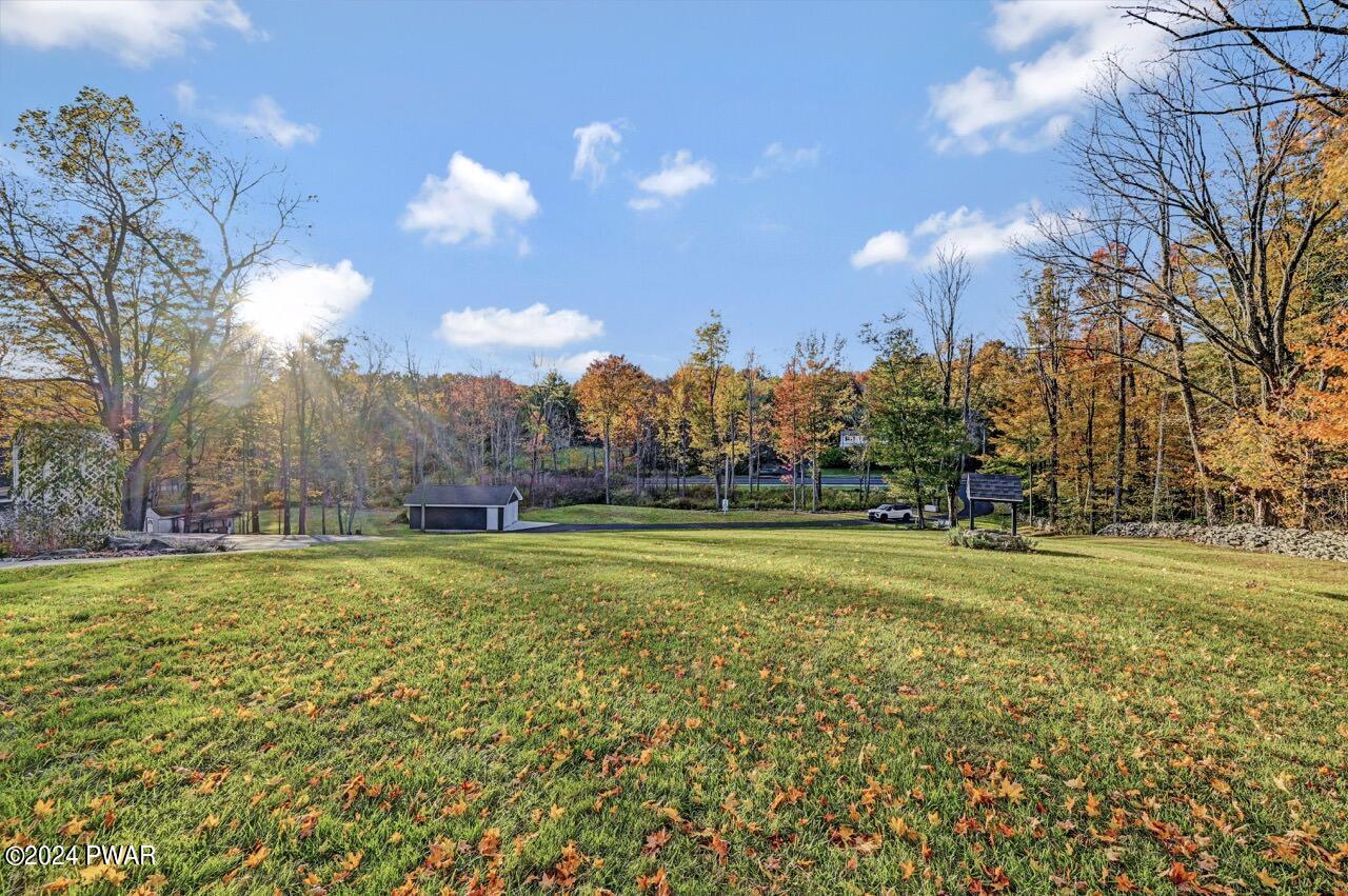 Wide grassy yard with autumn trees, a small detached shed, and a bright blue sky.