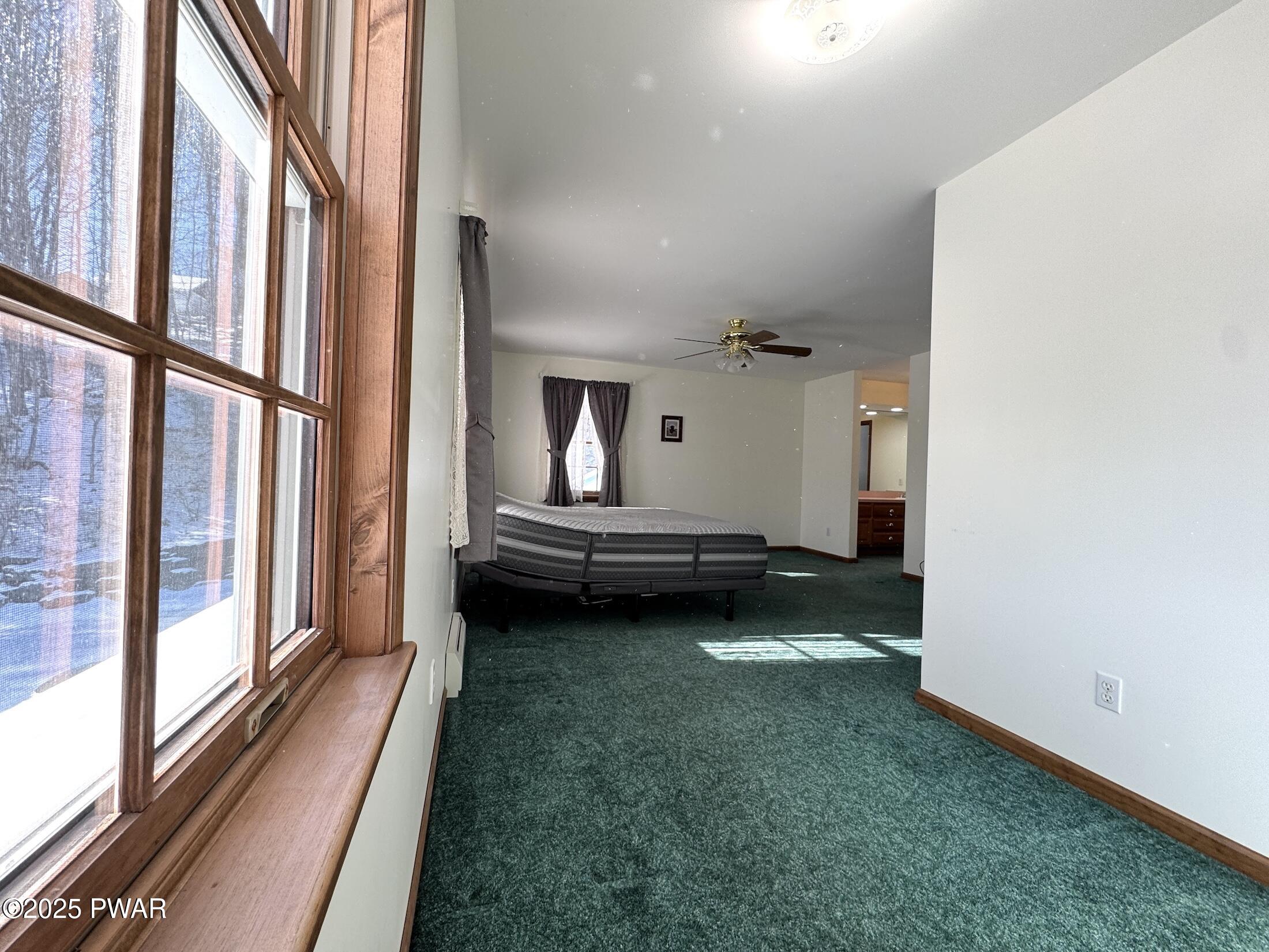 A bedroom with green carpet, a bed, ceiling fan, window with wood trim, and an opening to a bathroom or vanity area.