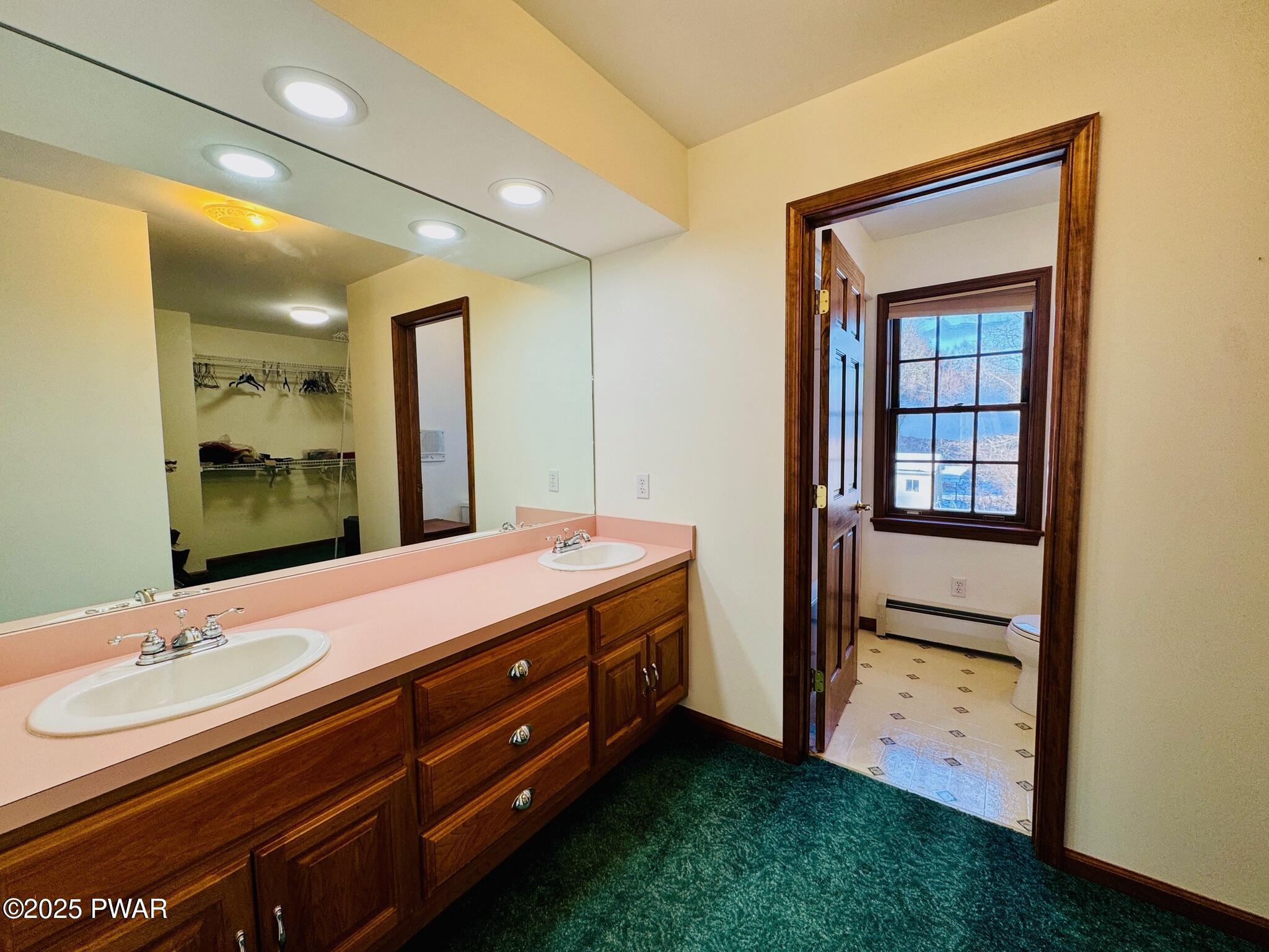 Master bathroom with double vanity, large mirror, wood cabinets, pink countertop, green carpet, and a separate toilet room visible through an open doorway.