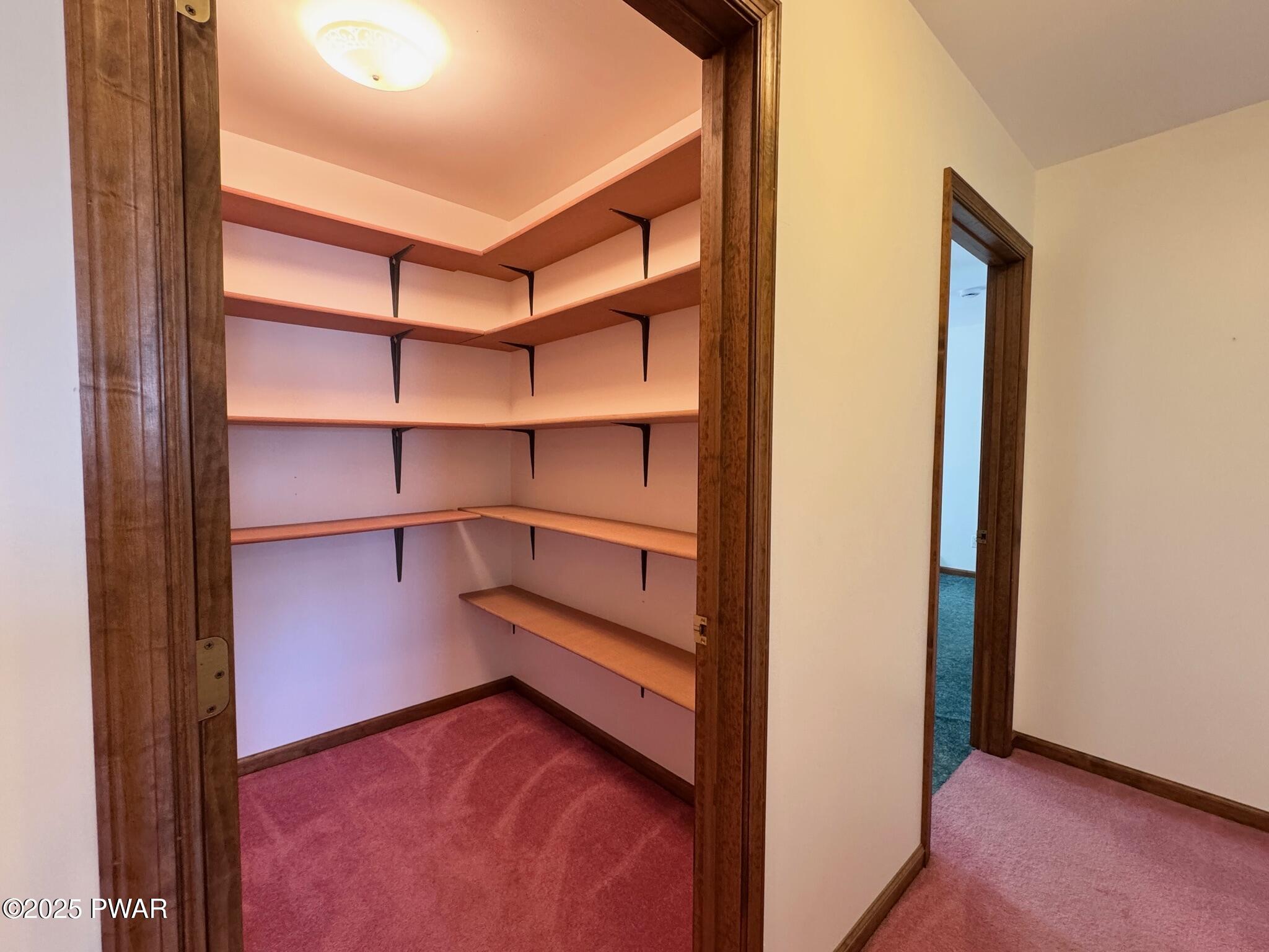 Walk-in closet with wraparound wooden shelves and pink carpet, viewed from the doorway.