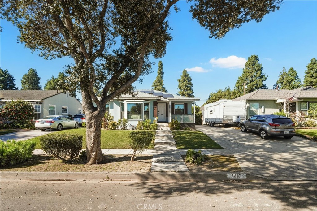 Single-story Austin home with a landscaped front yard, mature shade tree, and driveway parking.