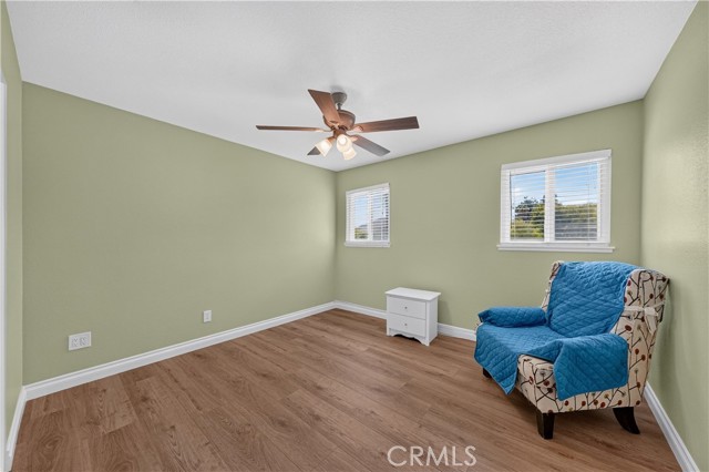 Spacious bedroom with sage green walls, light wood flooring, a ceiling fan, and a single armchair