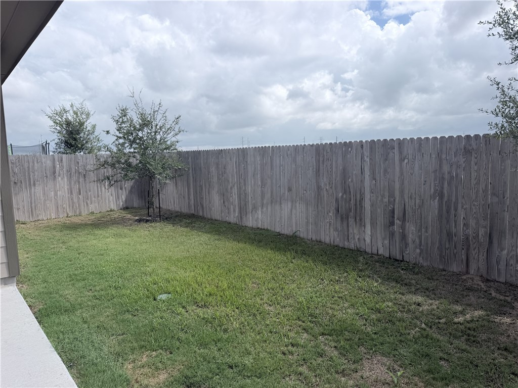 Fenced backyard with a grassy lawn and a small tree beside the house.