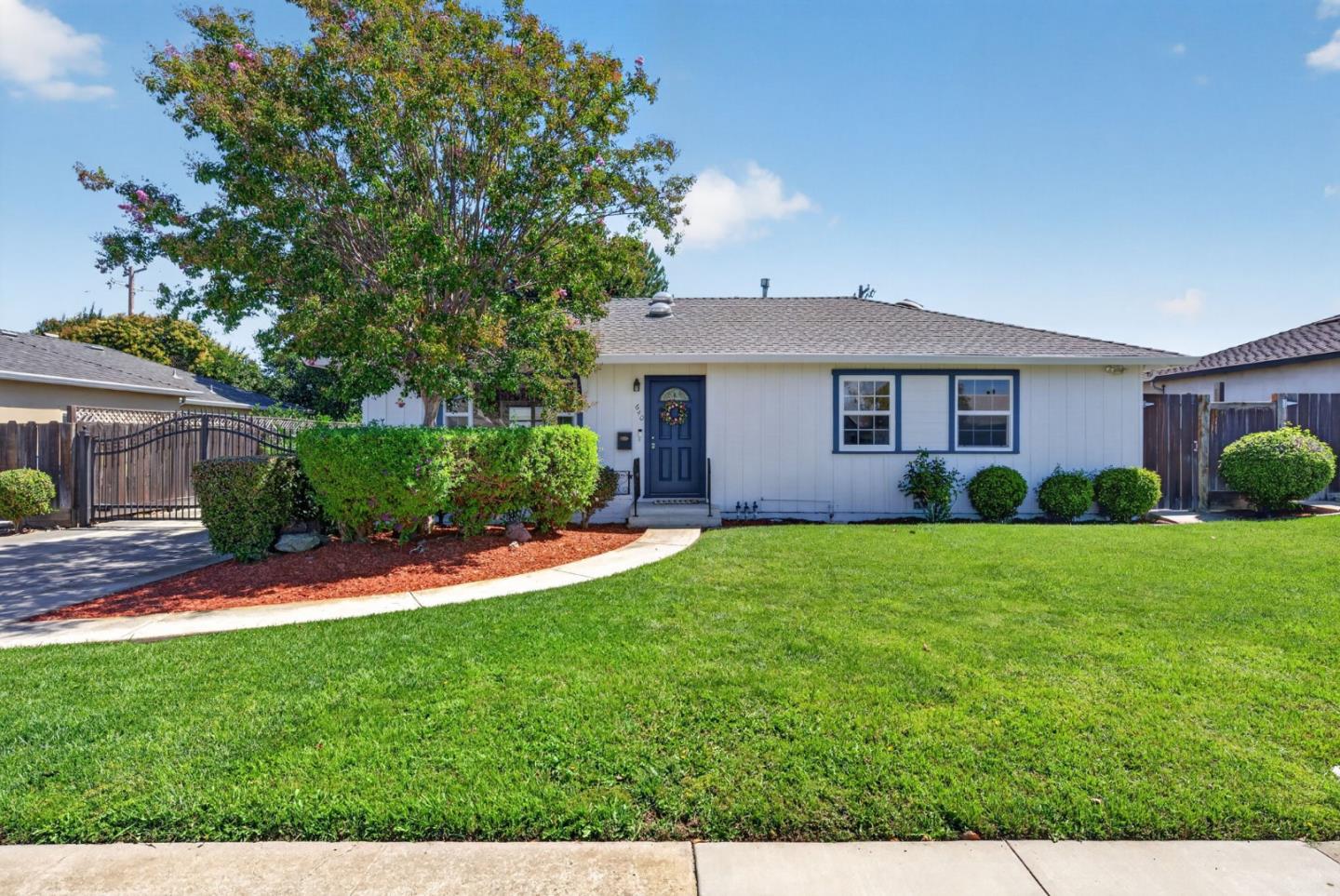 Single-story white home with a blue front door, broad lawn, flowering tree, and gated driveway.