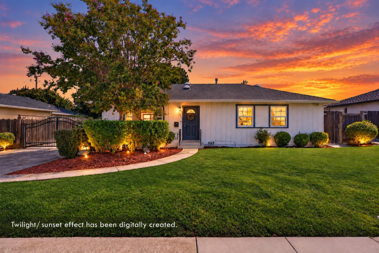 Single-story white house with a dark front door, landscaped shrubs, and lawn beneath a digitally created sunset sky.