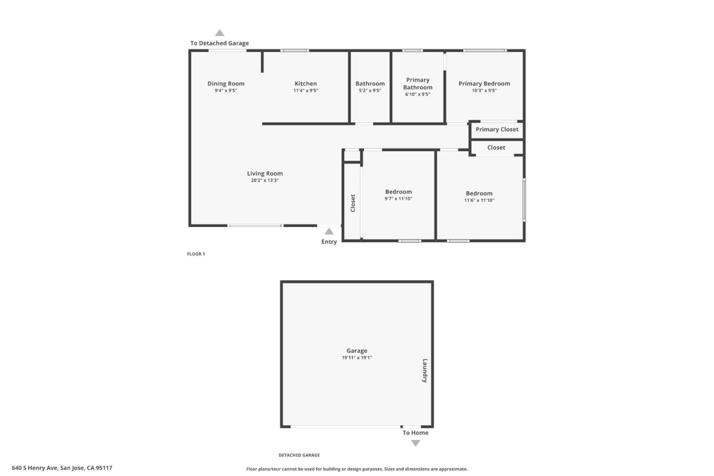 Floor plan showing the home’s first-floor rooms and a separate detached garage with laundry.