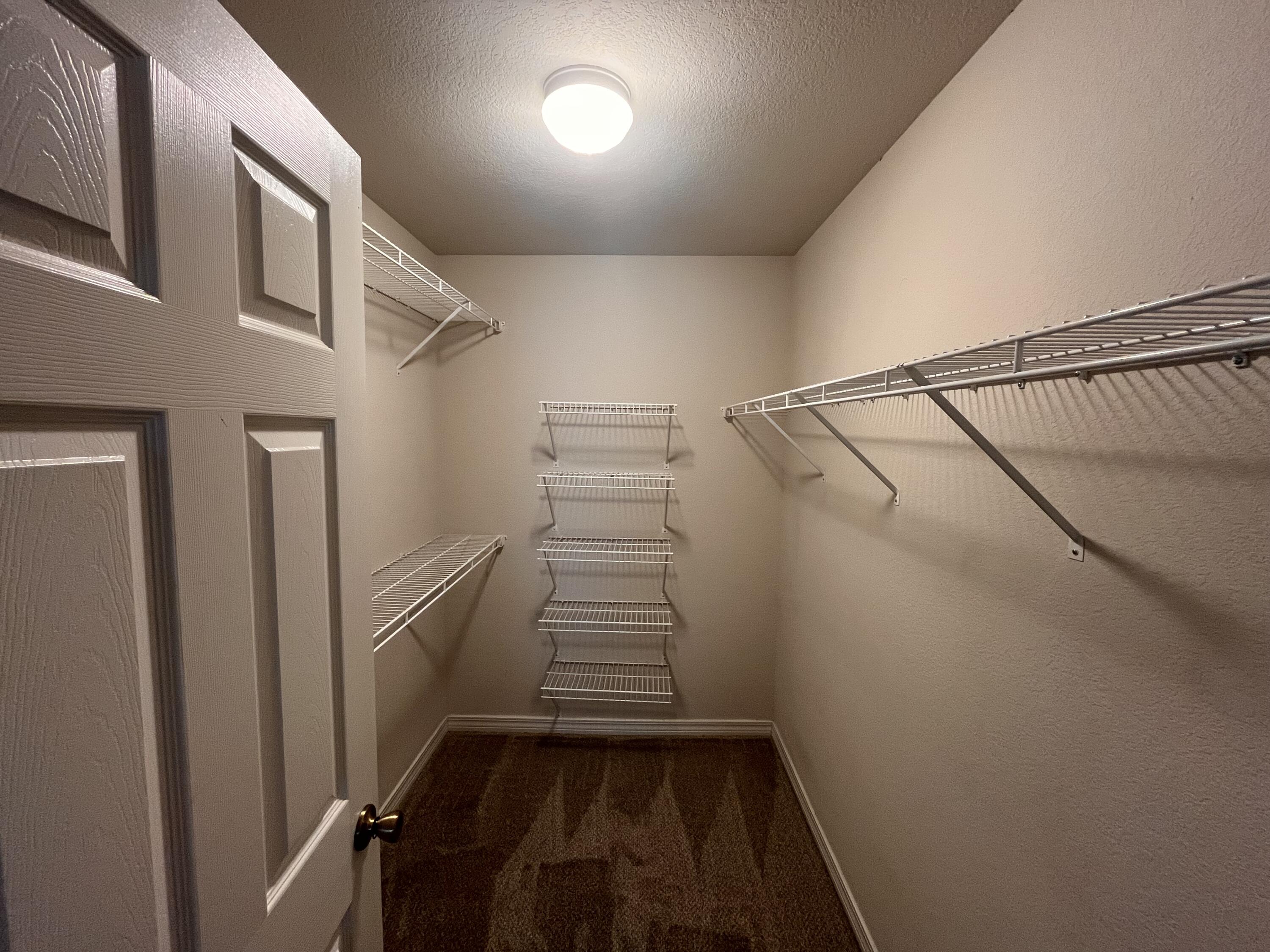 Empty walk-in closet with white wire shelving on three sides and dark carpet.