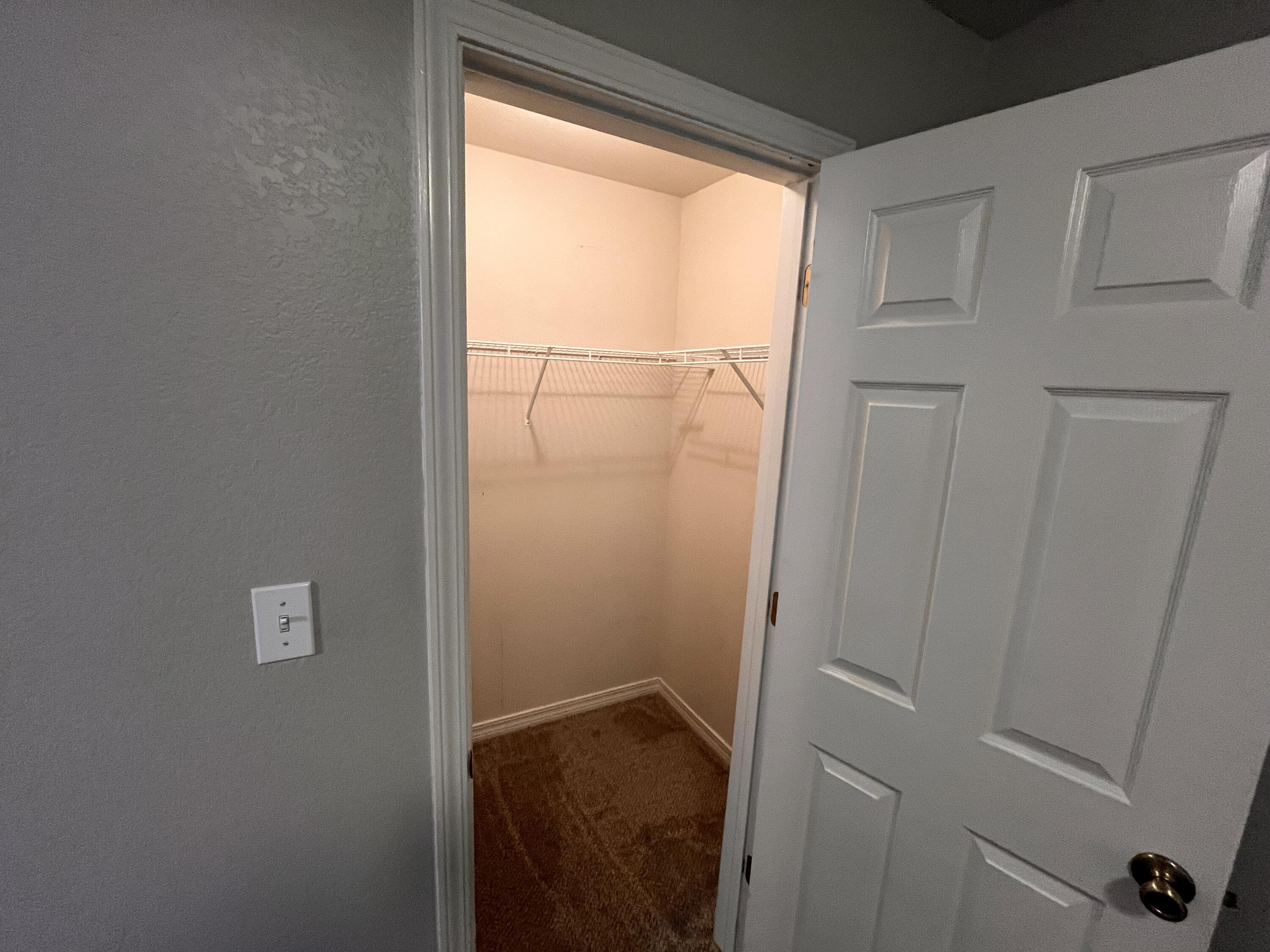 Empty walk-in closet with a white wire shelf, hanging rod, and brown carpet.