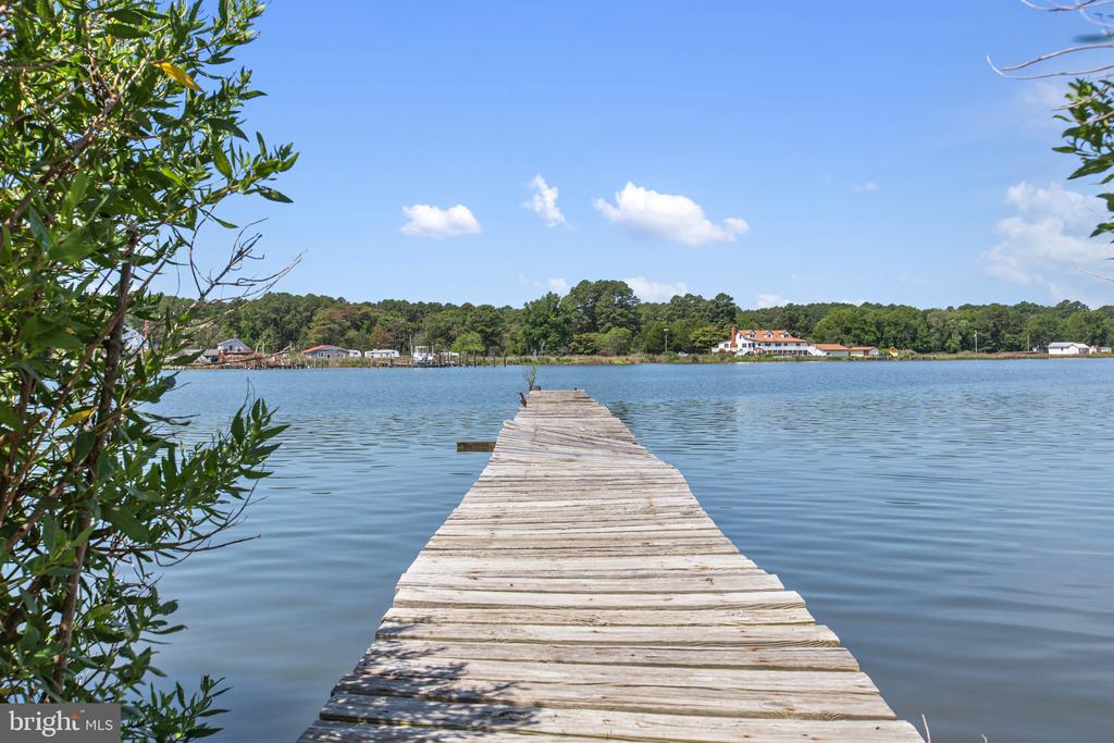 Wooden dock extending across calm water toward a tree-lined shore with homes.