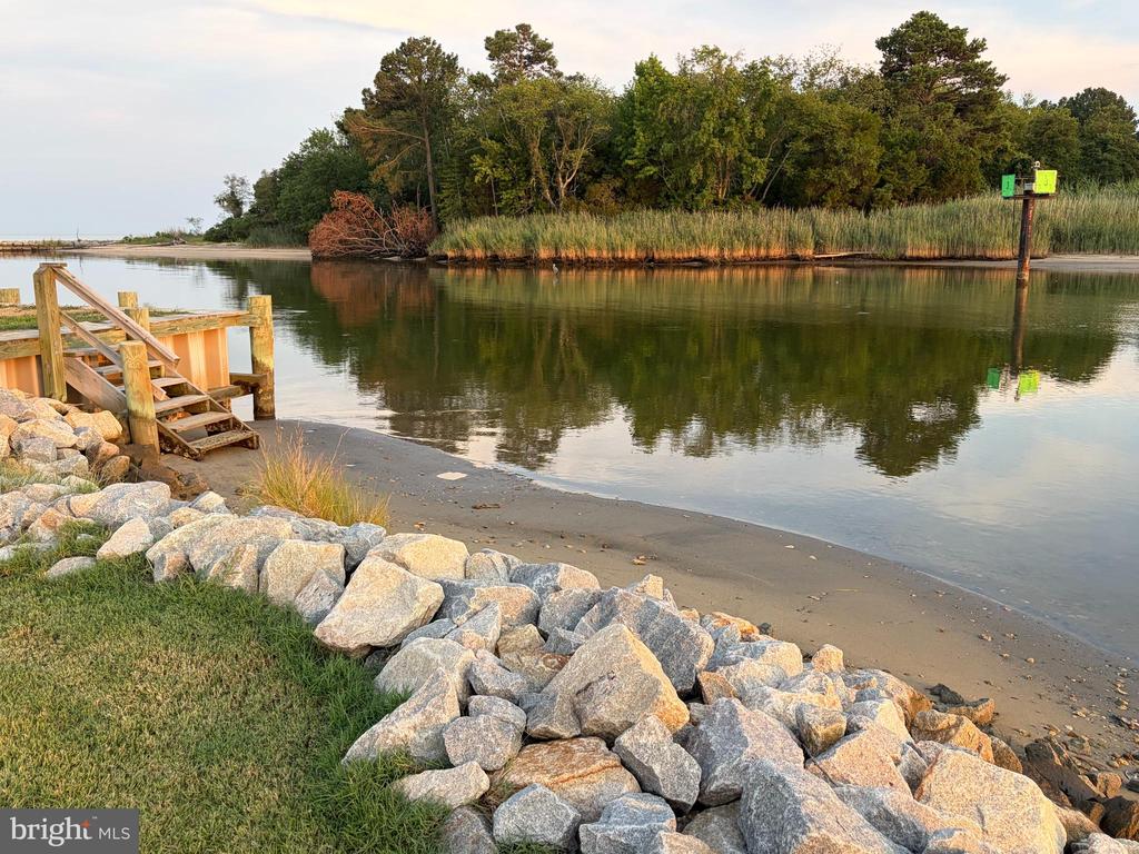 Waterfront shoreline with a wooden stairway, rocky bank, calm water, and tree-lined marsh.