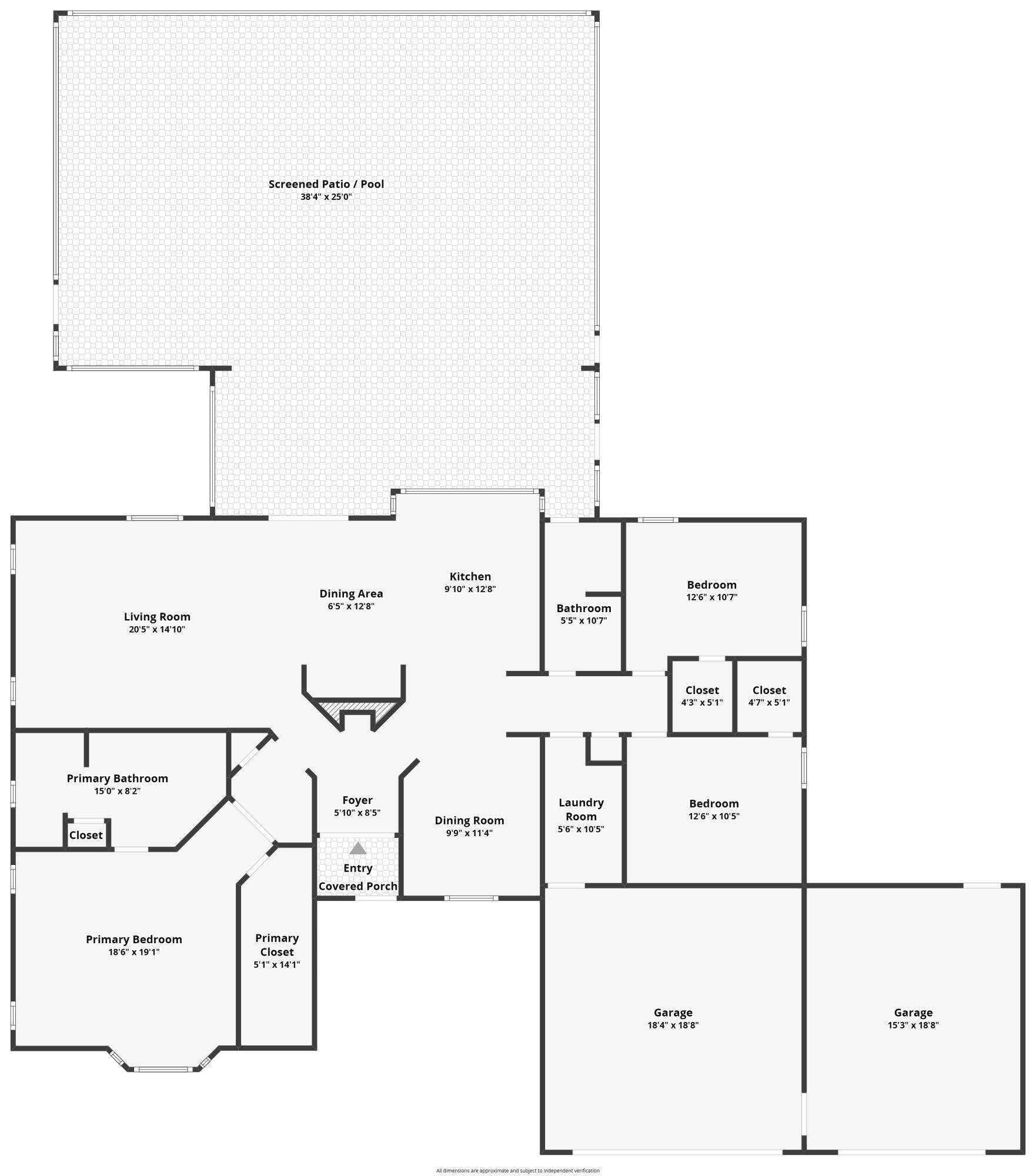 Floor plan with three bedrooms, two-car garage, and large screened patio/pool area.
