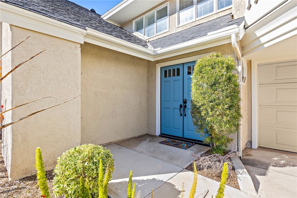 Home entrance with bright blue double doors, beige stucco walls, and trimmed shrubs.