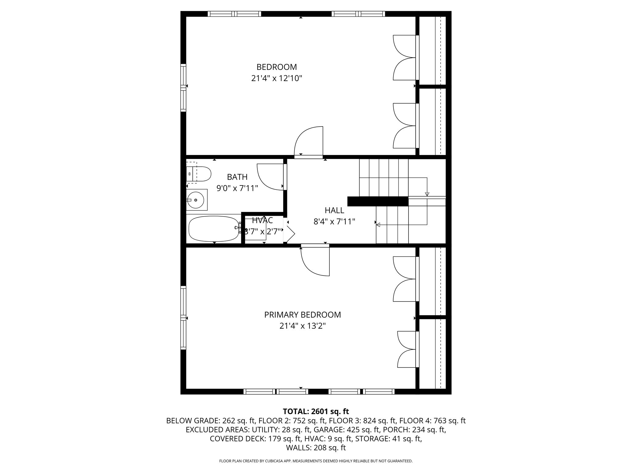 Floor plan showing two bedrooms, a bathroom, hall, stairway, room dimensions, and total area of 2,601 square feet.