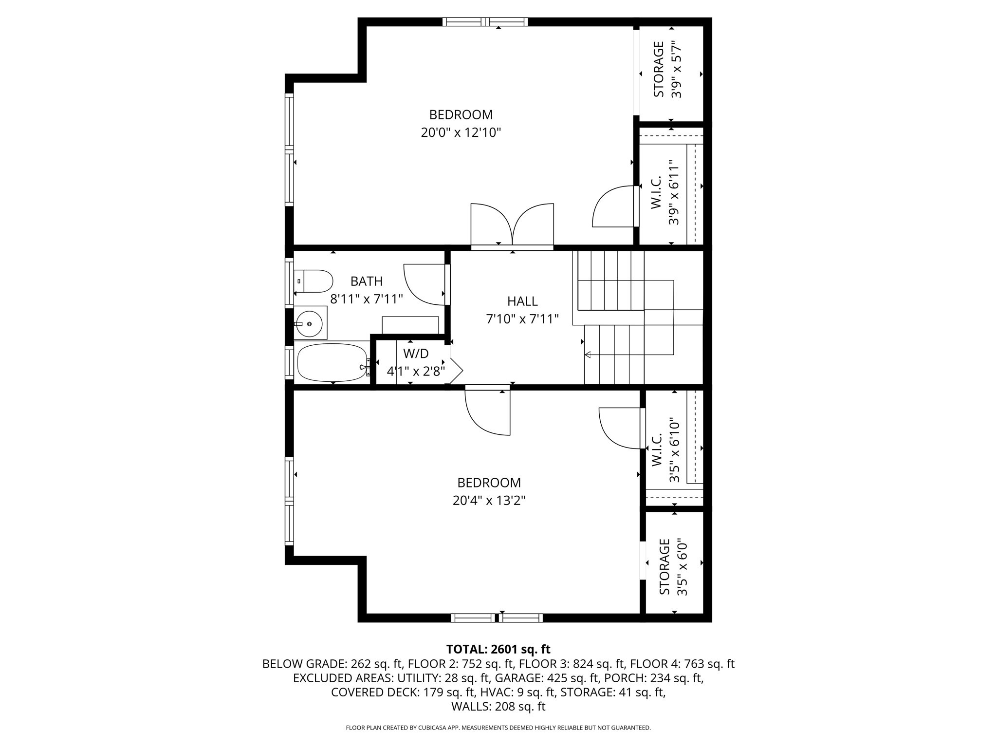 Floor plan showing two bedrooms, a bathroom, hall, stairs, closets, storage, and washer/dryer area.