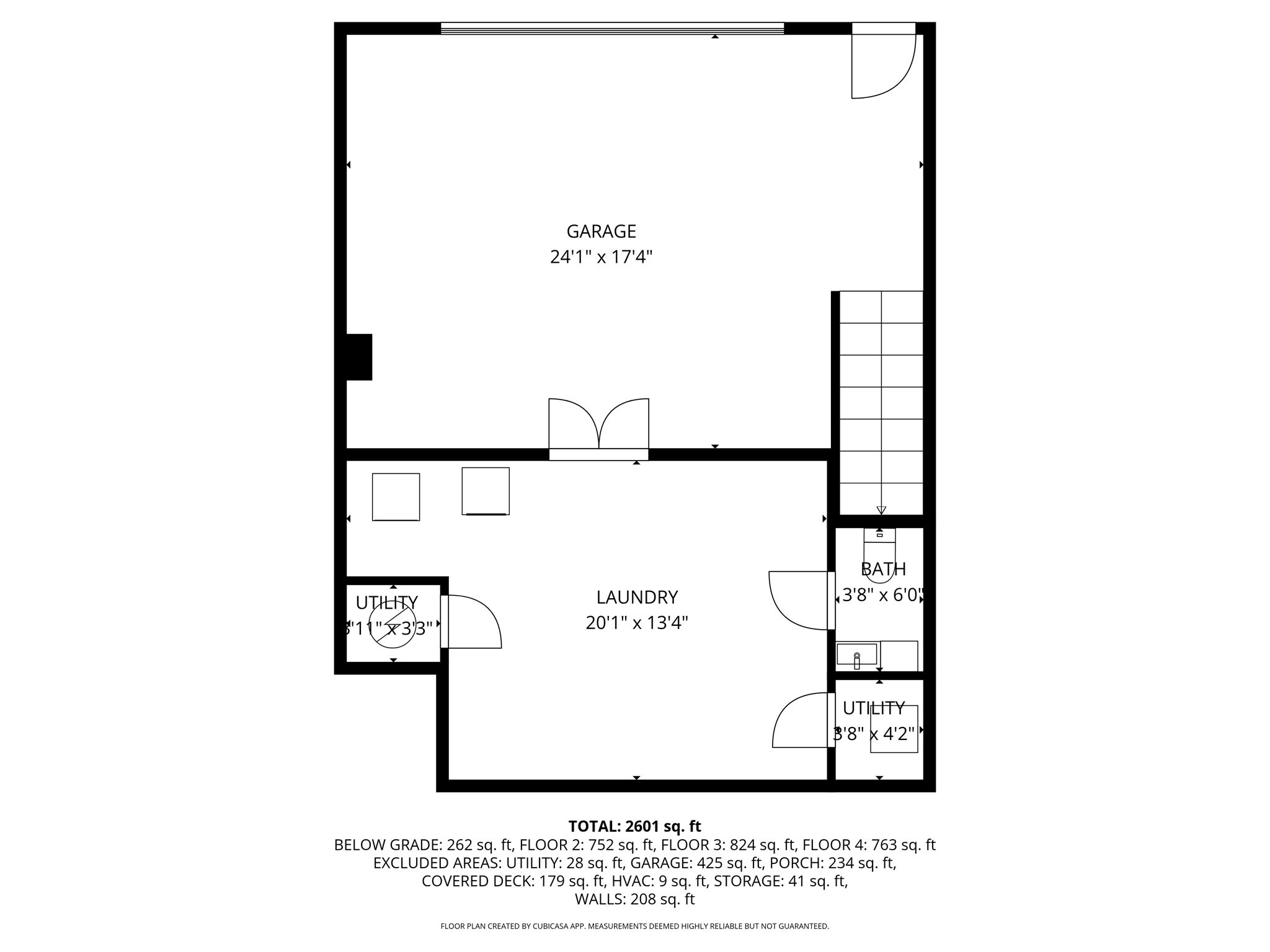 Floor plan showing a garage, laundry room, bath, utility areas, and total area of 2,601 square feet.