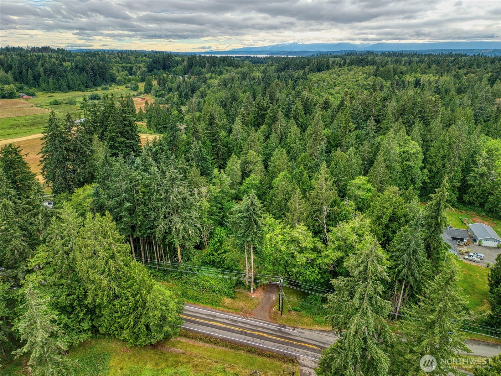 Aerial view of wooded acreage along a road, with distant water and mountains.