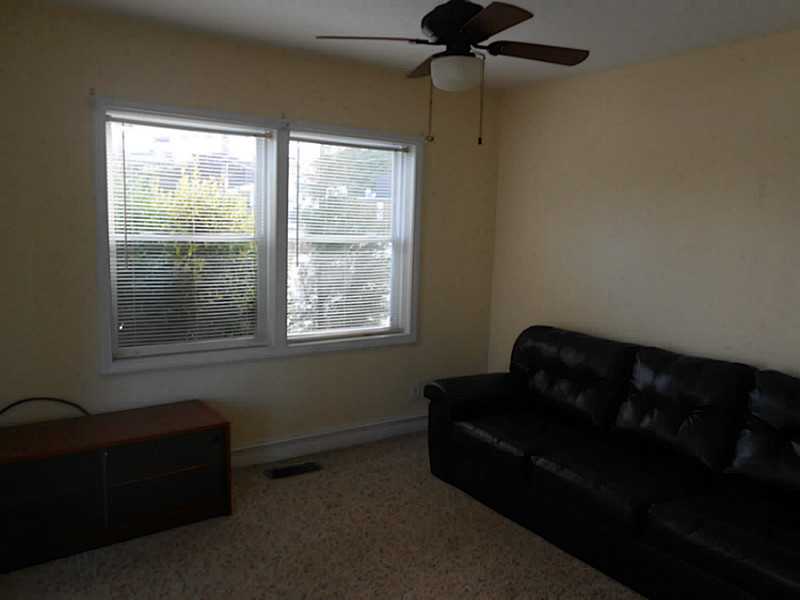 Living room with a black sofa, beige carpet, ceiling fan, and two windows with blinds.