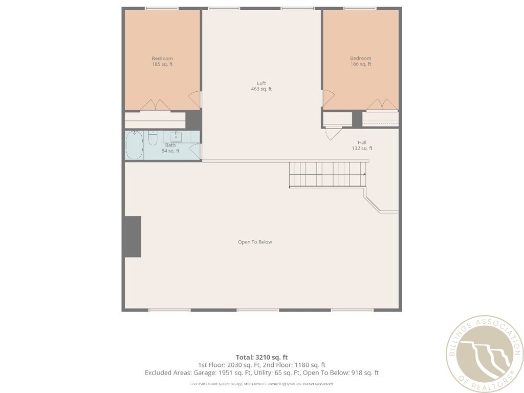 Second-floor plan with two bedrooms, a loft, bath, hall, stairs, and an open-to-below area.