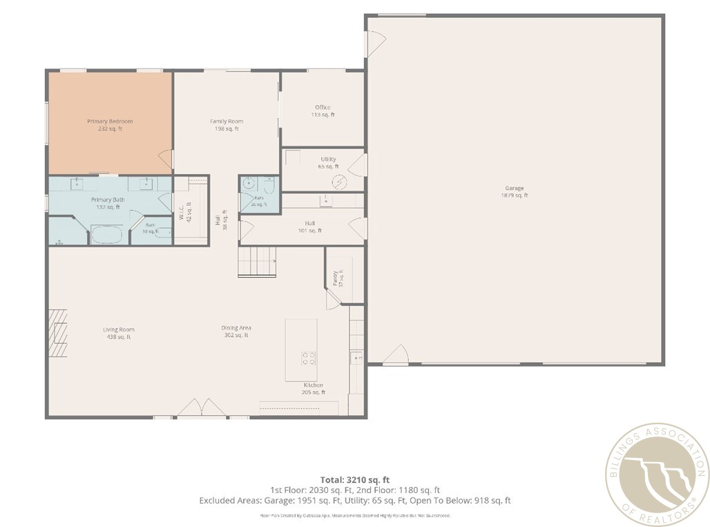 House floor plan with labeled rooms, a large attached garage, and a total area of 3,210 square feet.