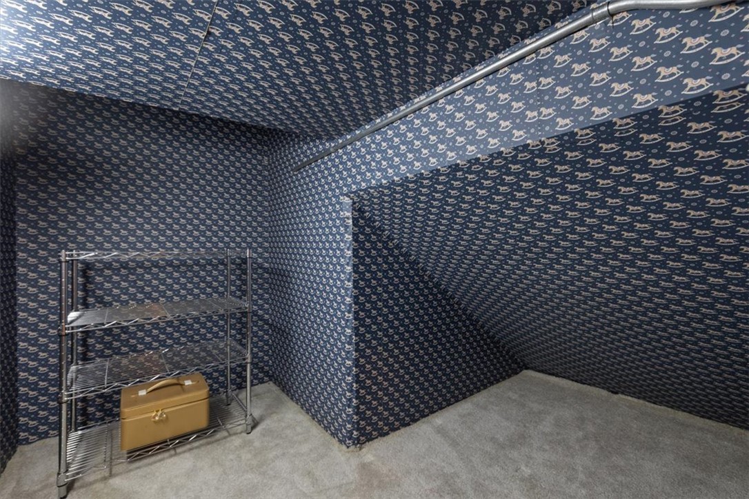 Small carpeted storage room with blue rocking-horse wallpaper and metal shelving.