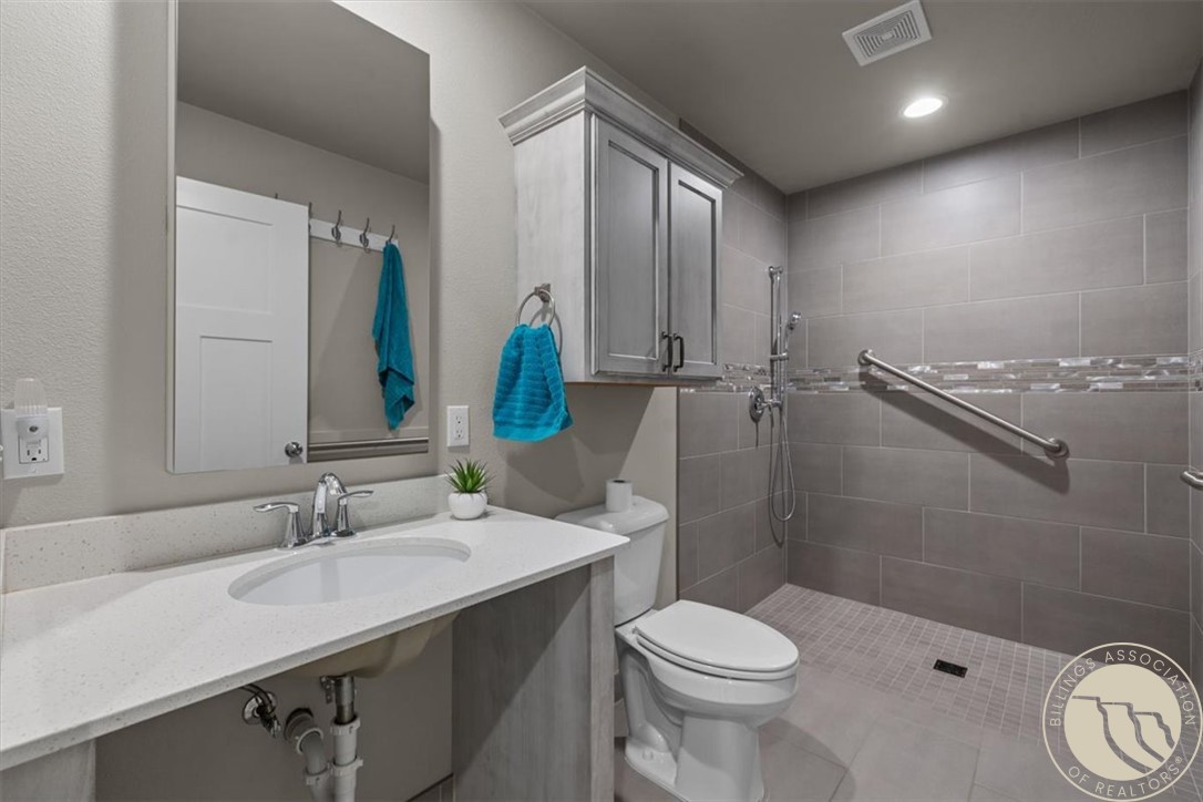 Bathroom with a white vanity and spacious gray-tiled walk-in shower with grab bars.
