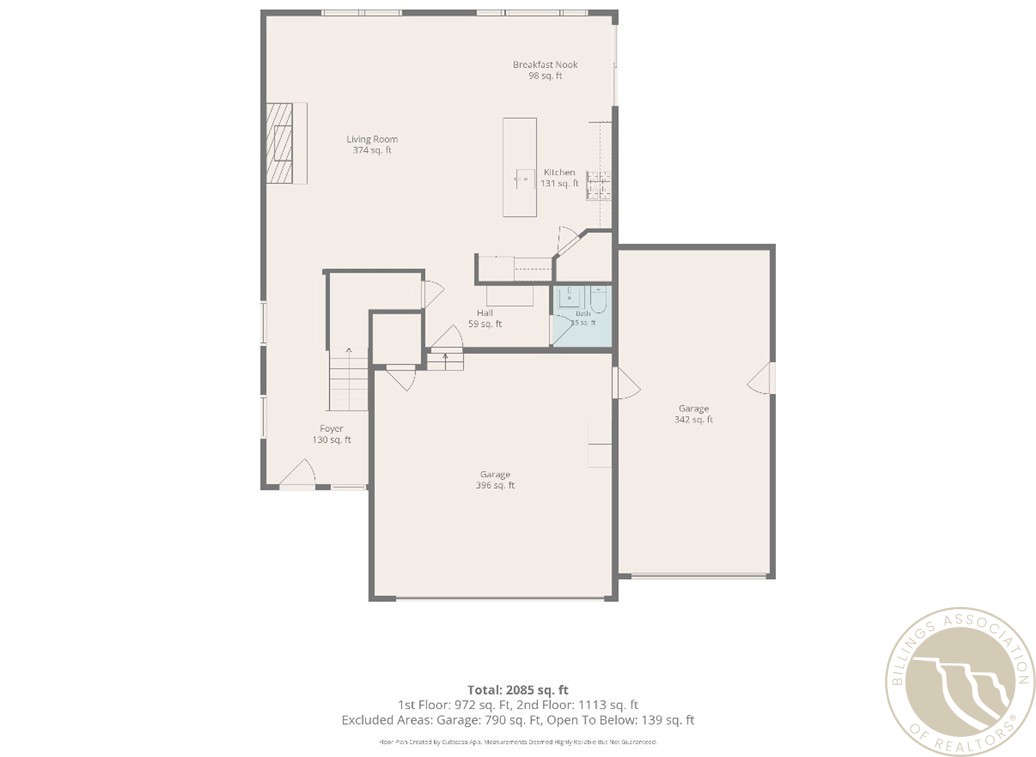 Floor plan with living room, kitchen, foyer, and two garages.