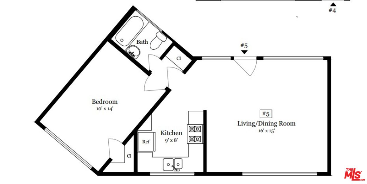 Floor plan for unit 5 showing one bedroom, one bathroom, a kitchen, and a living/dining room.