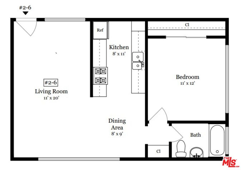 Floor plan for unit 2-6 with a living room, kitchen, dining area, bedroom, and bathroom.