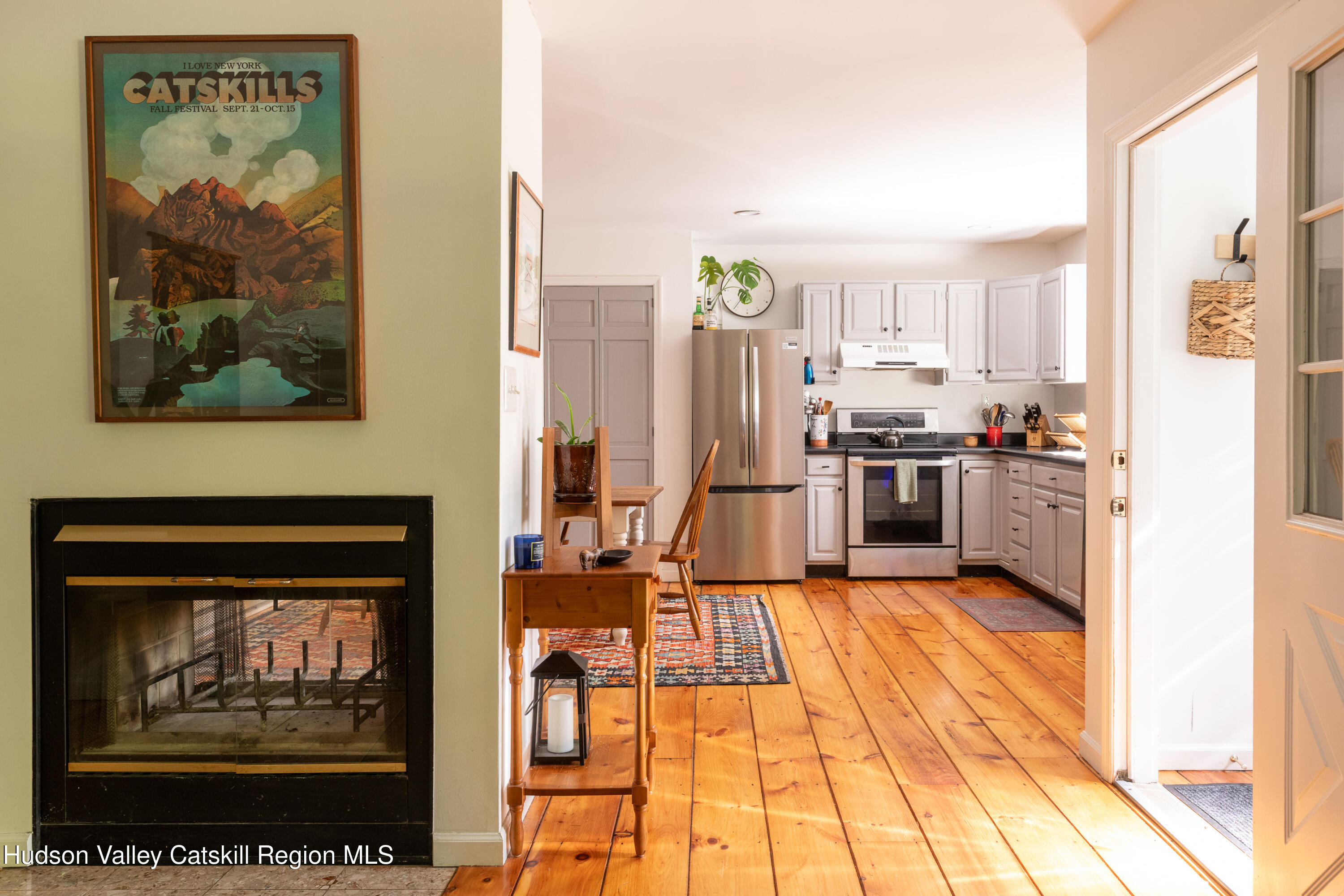 Kitchen with stainless steel appliances and wood floors, adjoining a living area with a black fireplace.