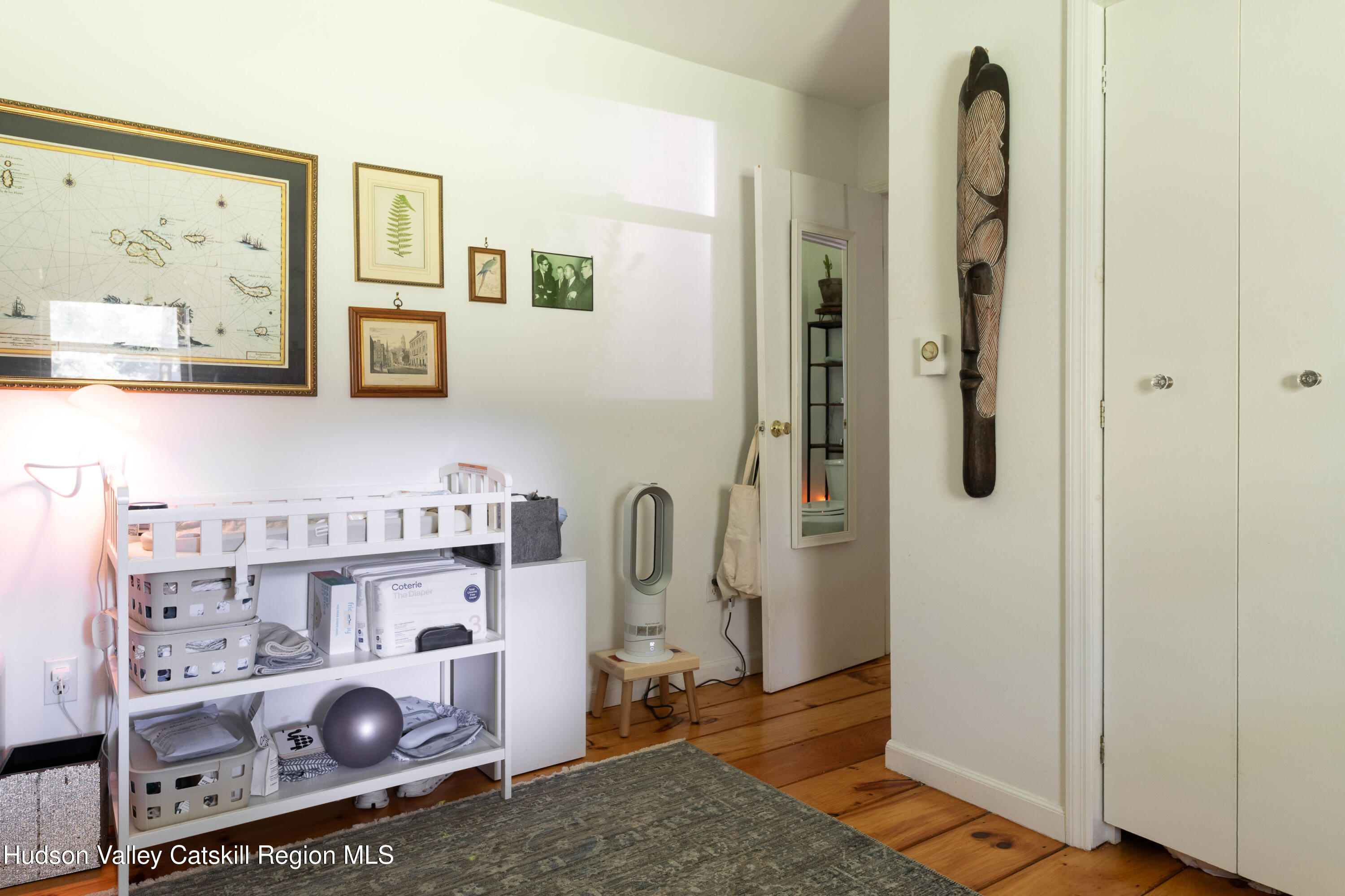 Nursery with white baby-care shelving, framed wall art, hardwood floors, and white closet doors.