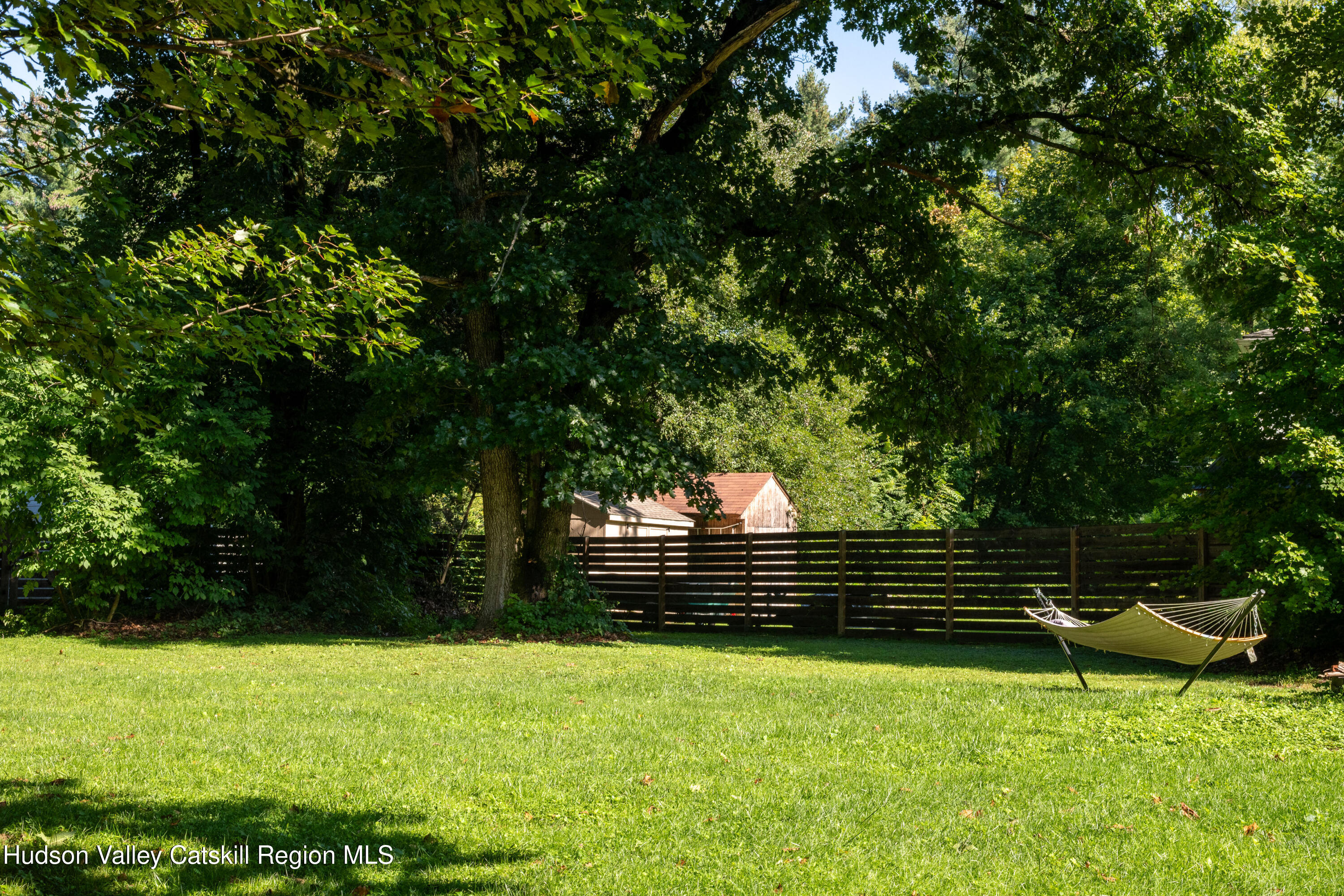 Shaded backyard with a hammock on the lawn beside a long wooden fence.
