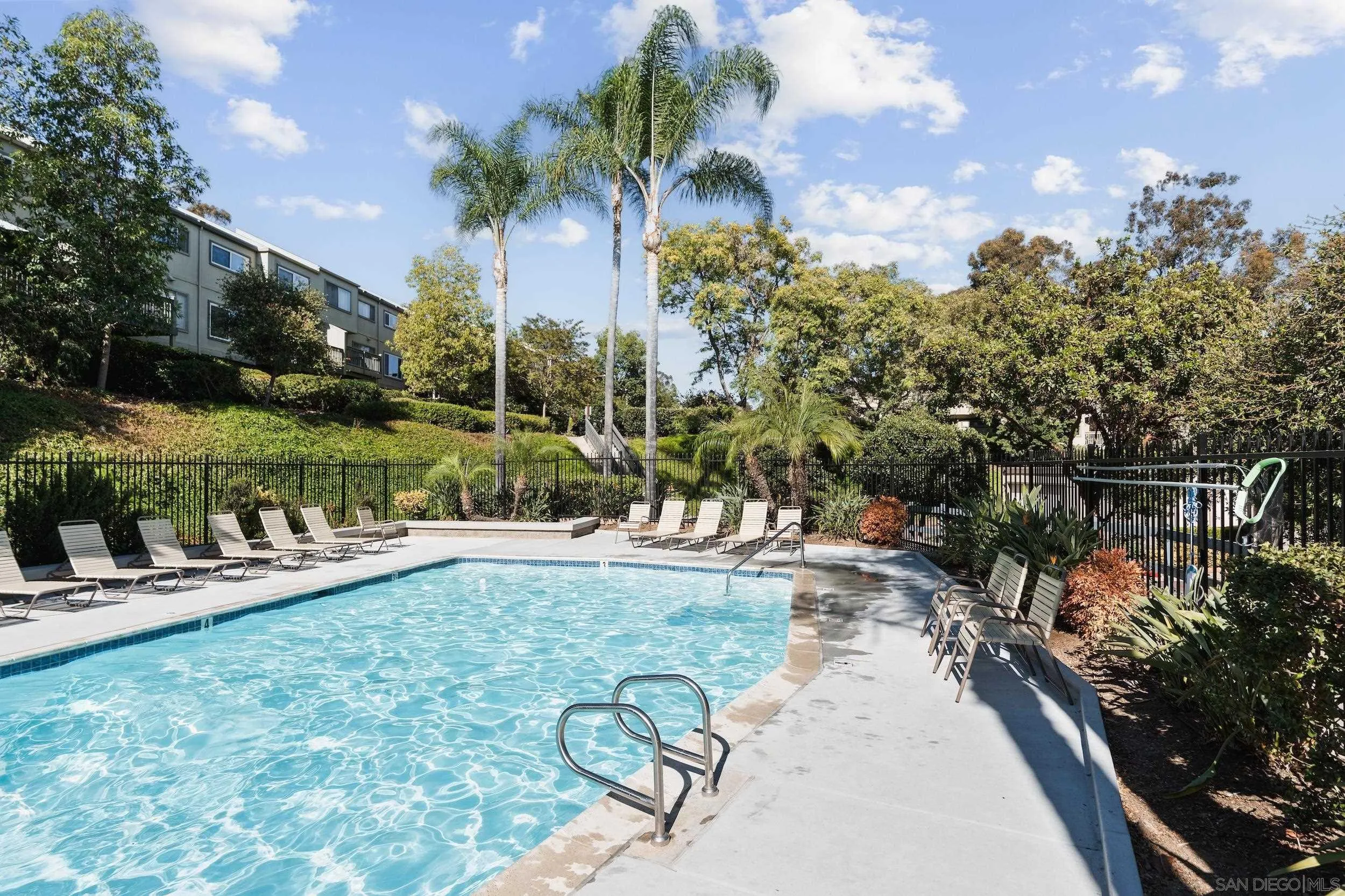 Community pool with lounge chairs, tall palms, and landscaped grounds.