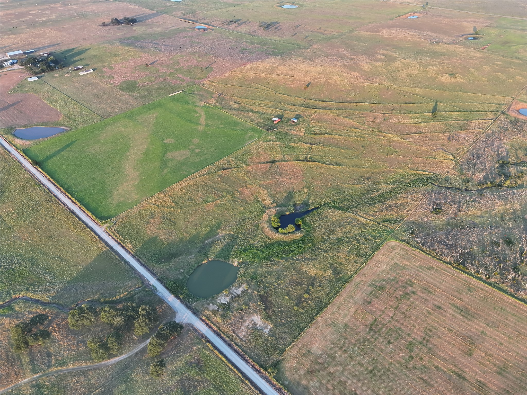 Aerial view of rural pastureland with several ponds, a road, and scattered outbuildings.