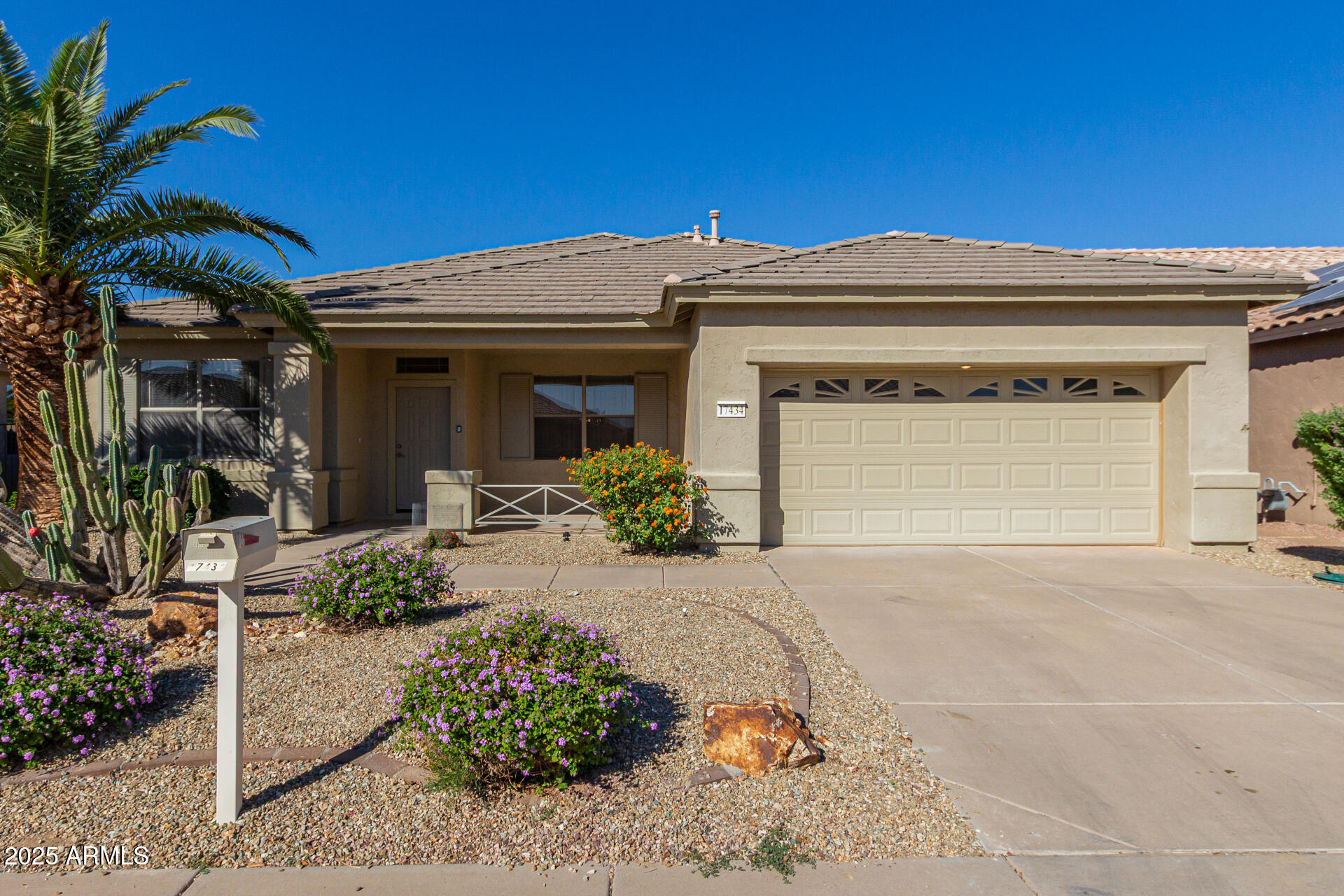 Single-story stucco home with a two-car garage, desert landscaping, cacti, and a palm tree.