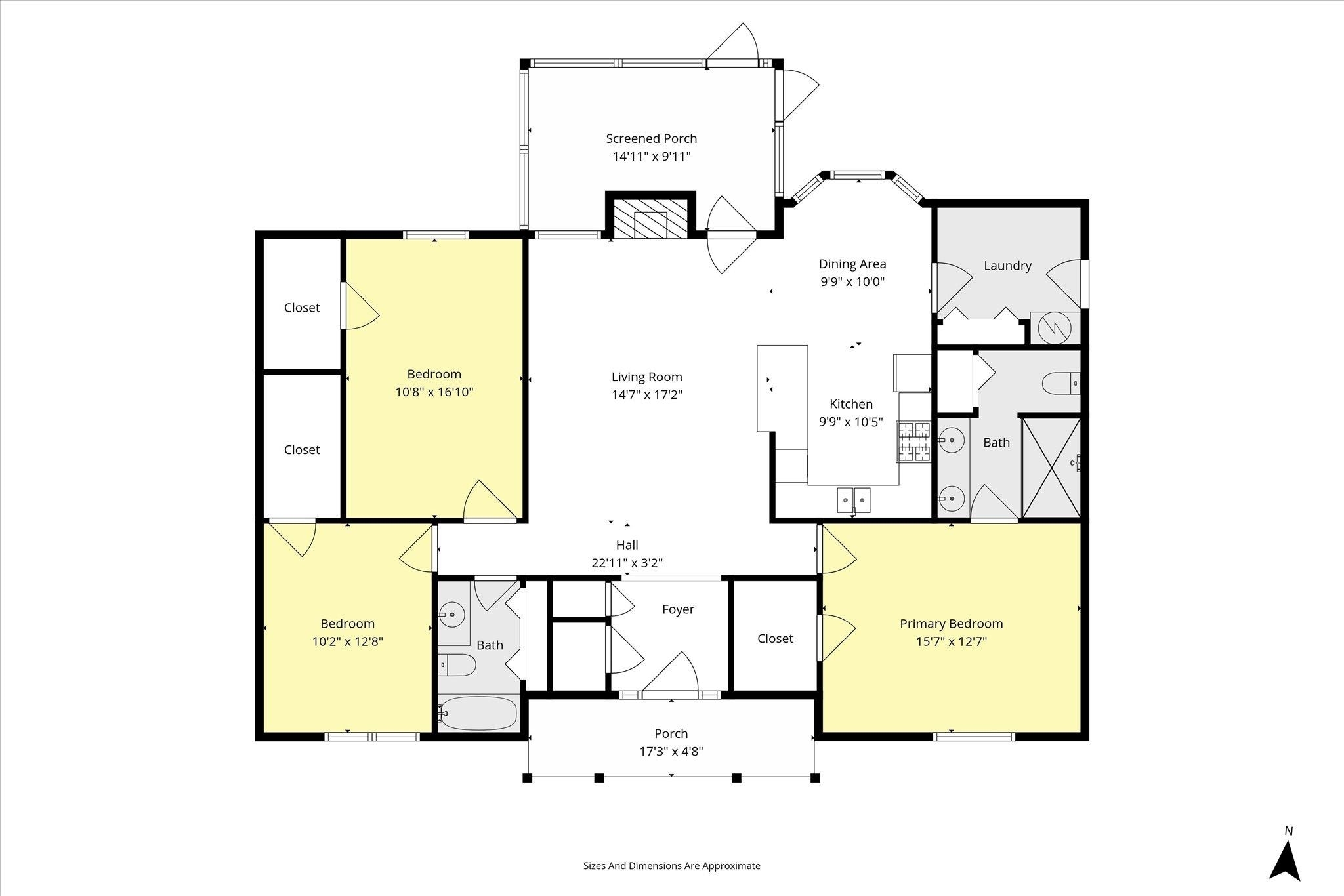 Floor plan showing three bedrooms, two bathrooms, central living room and kitchen, and front and screened porches.