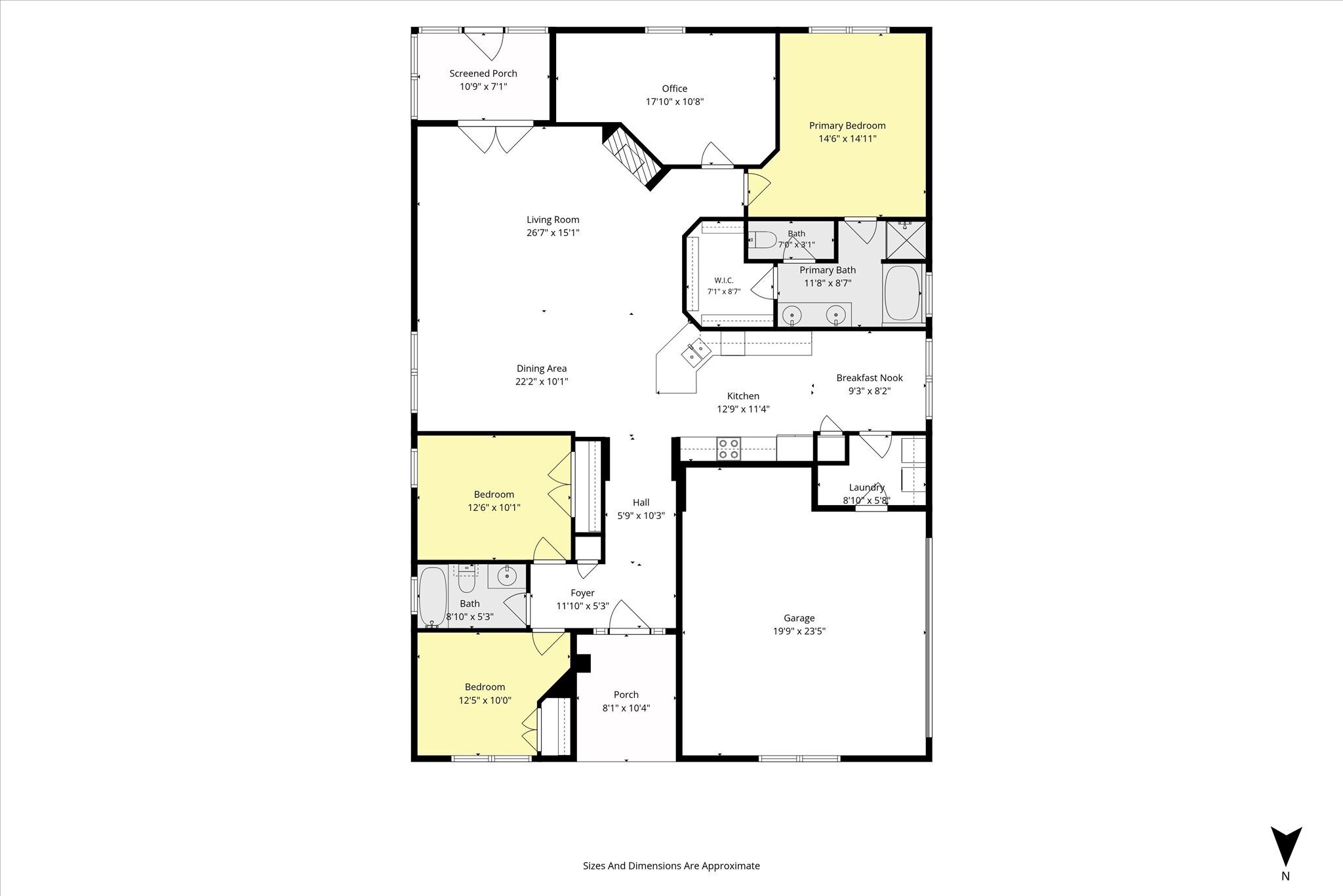 Floor plan showing three bedrooms, an office, open living and dining areas, porches, and an attached garage.