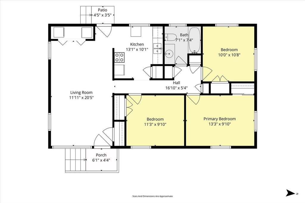 Floor plan of 1453 Mamie Drive with three bedrooms, a living room, kitchen, bath, patio, and porch.