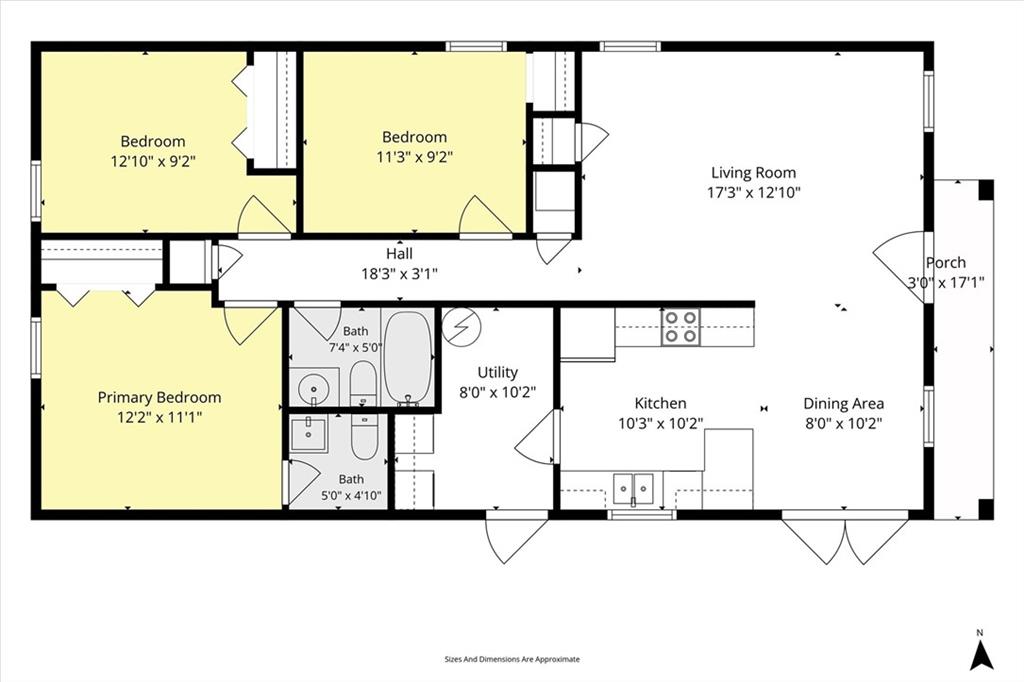 Home floor plan with three bedrooms, two baths, an open living and dining area, kitchen, and porch.