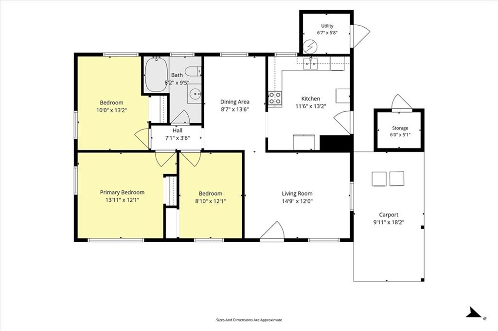 Three-bedroom floor plan with bath, living and dining areas, kitchen, utility room, storage, and carport.