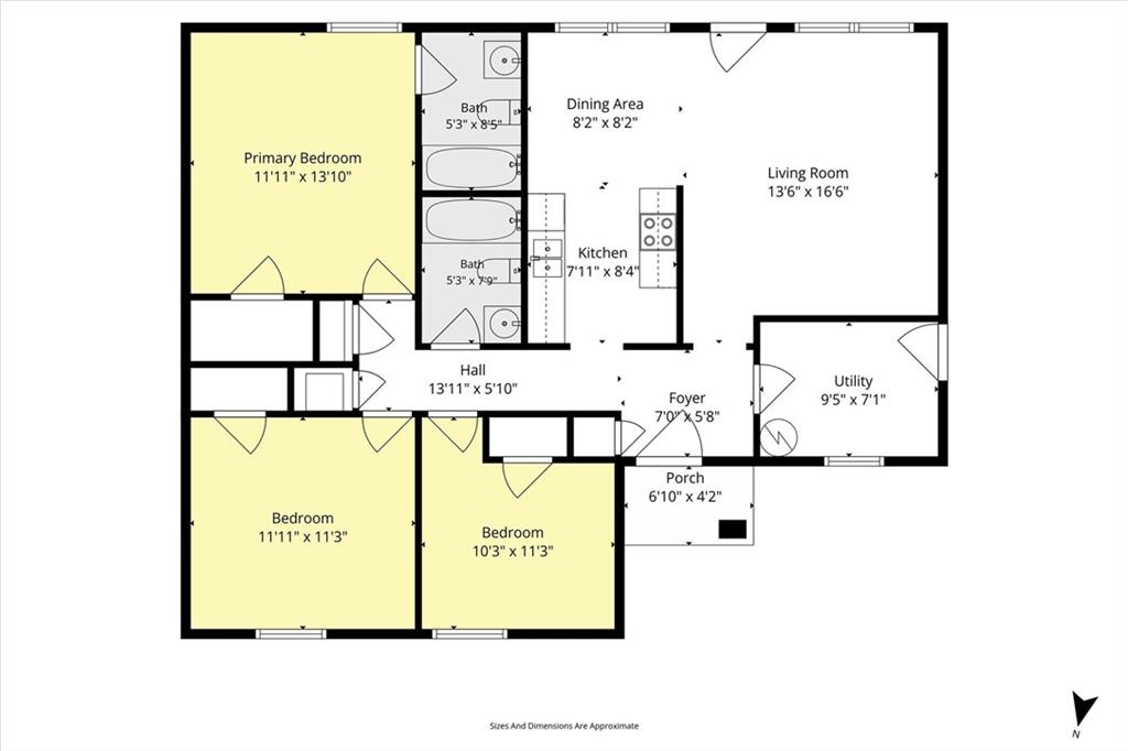Floor plan with three bedrooms, two baths, living room, kitchen, utility room, and porch.