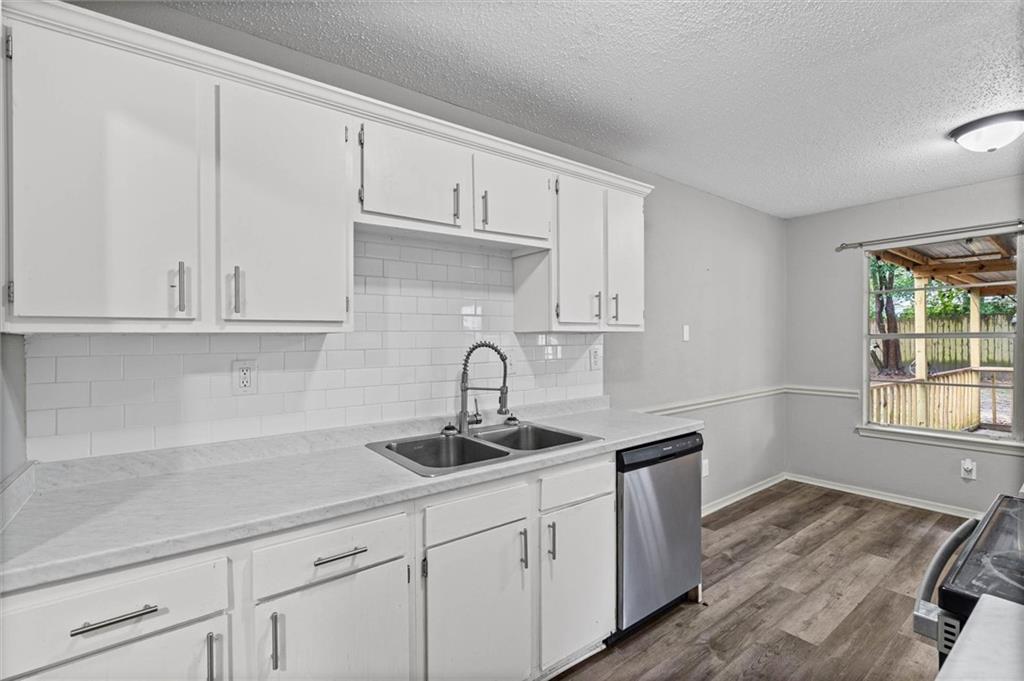 Kitchen with white cabinets, double-basin sink, stainless steel dishwasher, and wood-look flooring.
