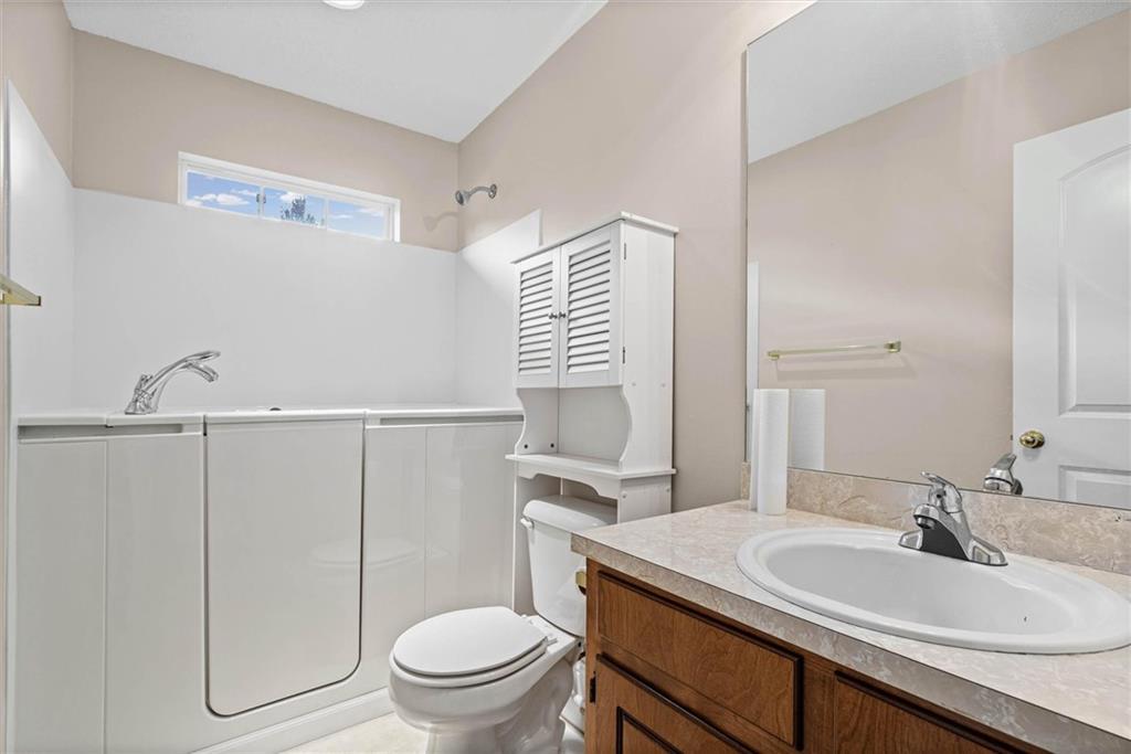 Bathroom with a white walk-in tub, toilet, and wood vanity beneath a large mirror.