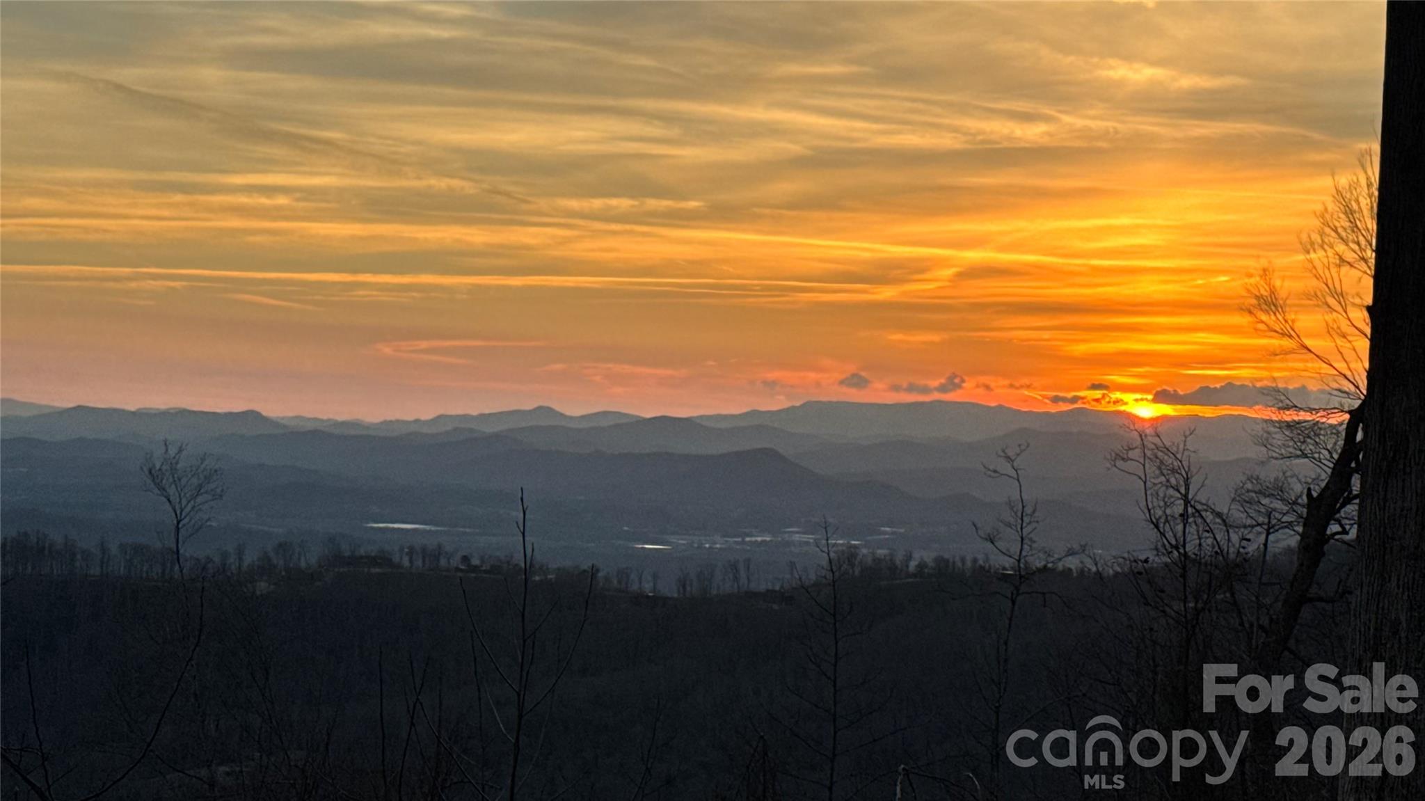 Sunset over layered mountain ridges, seen past silhouetted bare trees.